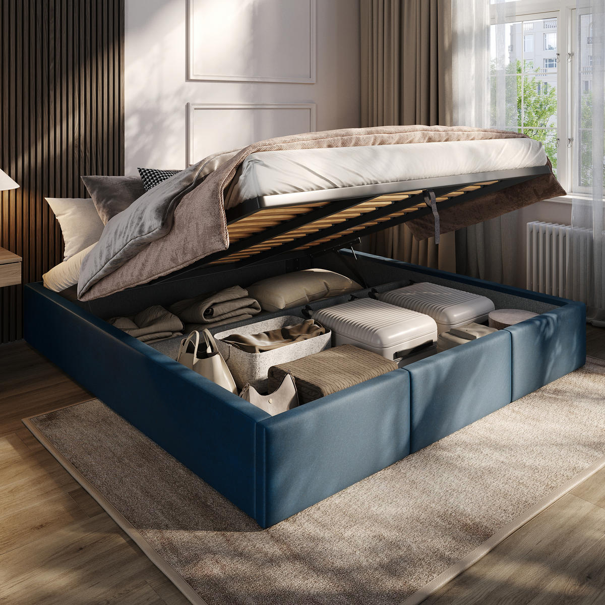 POLSTERBETT für Schlafzimmer Bett mit Stauraum Dunkelblau 180x200cm - Dunkelblau, Holzwerkstoff/Textil (180/200cm) - Muralo