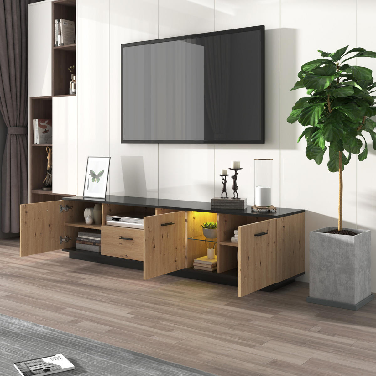 TV Lowboard LED, 3 Türen, 2 offene Fächer, Schwarz Natur - Schwarz, Holz (180/50/40cm)