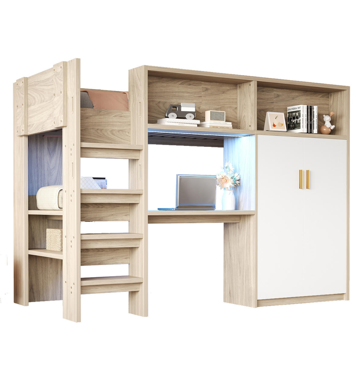 HOCHBETT 90/200 cm mit Schreibtisch, Kleiderschrank, Regal, LED und Lattenrost aus Holzwerkstoff, Naturfarben/Weiß - Naturfarben, Holzwerkstoff (90/200cm) - Redom