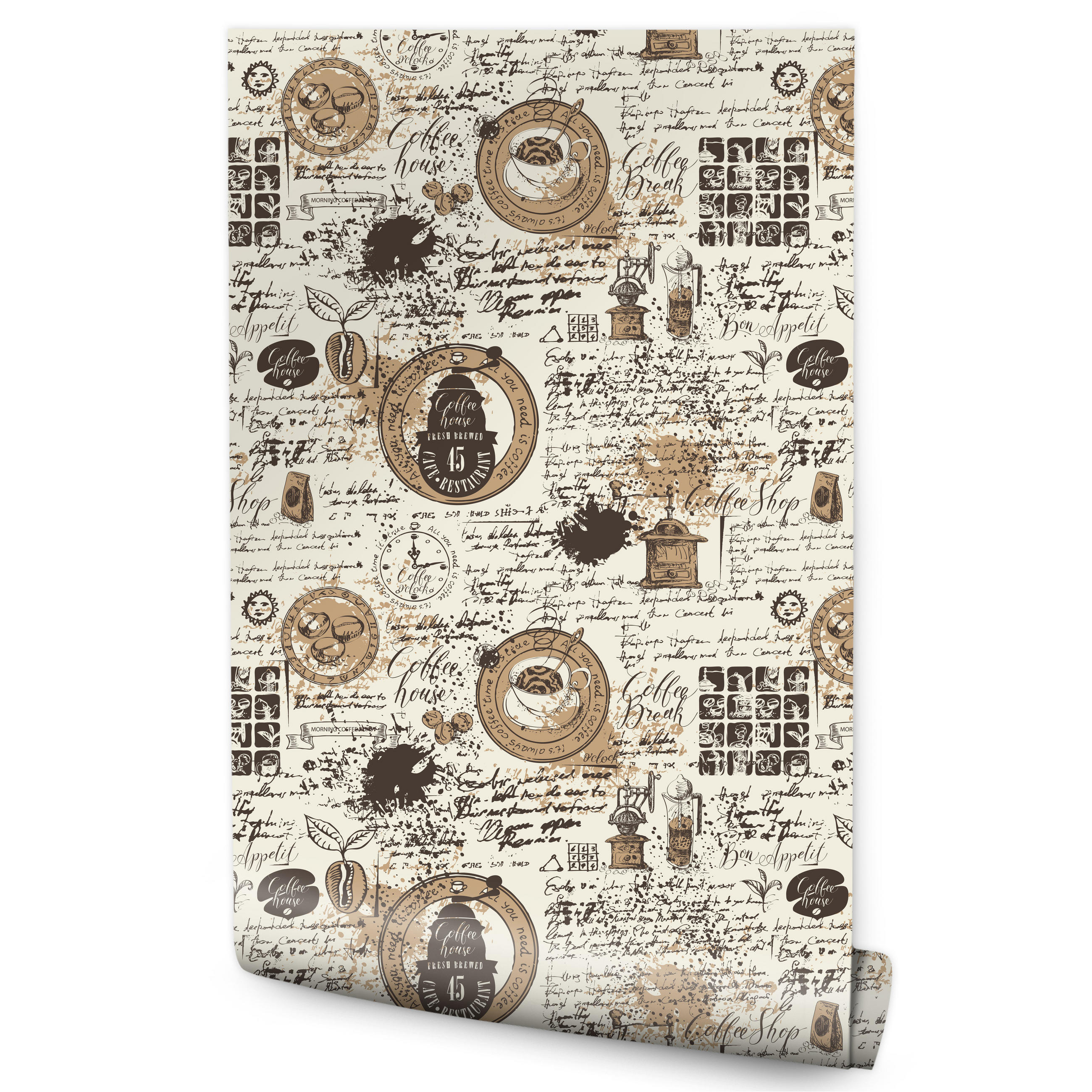 VLIESTAPETE Kaffee und Tassen im Retro-Stil – Braun, Beige – 50x1000 cm - Beige/Braun, Papier (50/1000cm) - Muralo