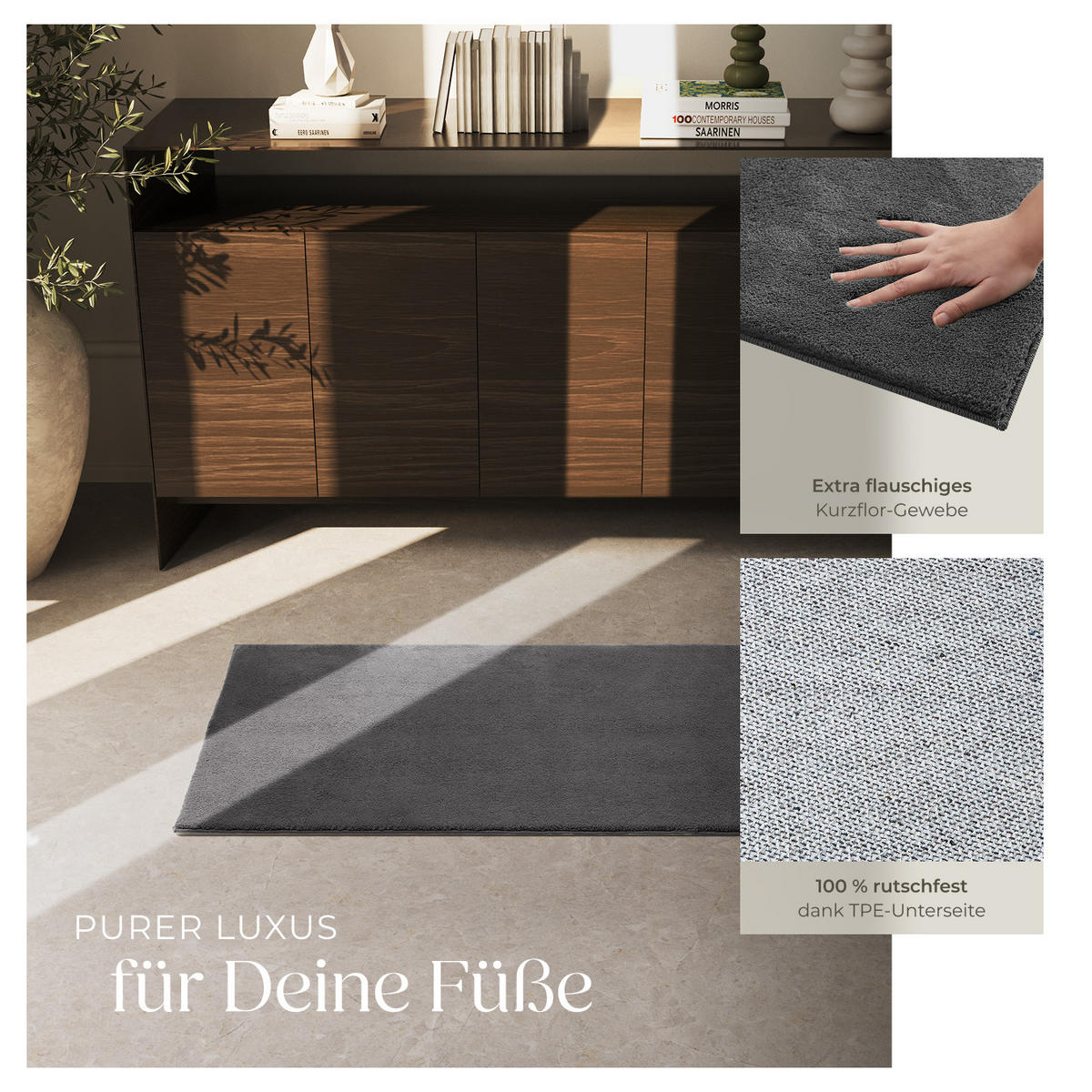 KURZFLORTEPPICH Soft Zone,rutschfeste Unterseite,anthrazit - Anthrazit, Kunststoff (110/60cm) - tectake