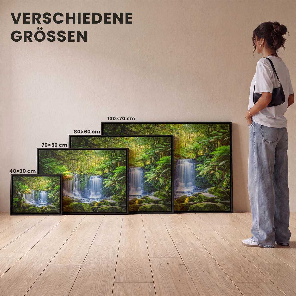 LEINWAND Bilder mit Rahmen - Dschungel - Wasserfall - Australien - Pflanzen - Natur - 70x50 - Dunkelgrün, Textil (70/50cm) - MuchoWow