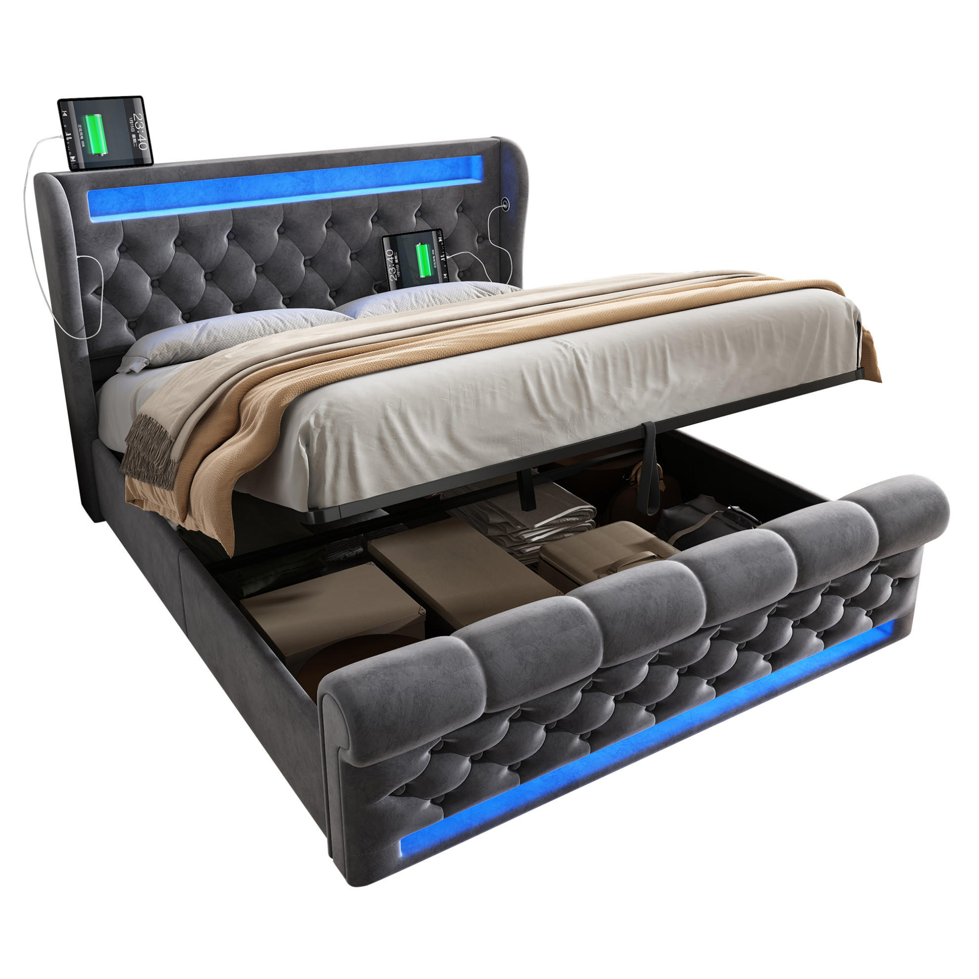 SAMT-POLSTERBETT 160/200 cm mit LED-Beleuchtung, Bettkasten und USB-C - Grau, Textil (160/200cm) - BEAOK
