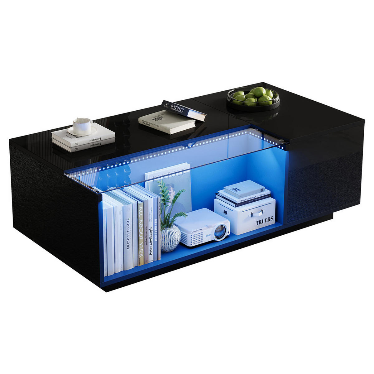 COUCHTISCH 100X50X35 cm LED Glas mit Stauraum und Schubladen - Schwarz, Holz (111.13/62.23/35cm) - FLIEKS