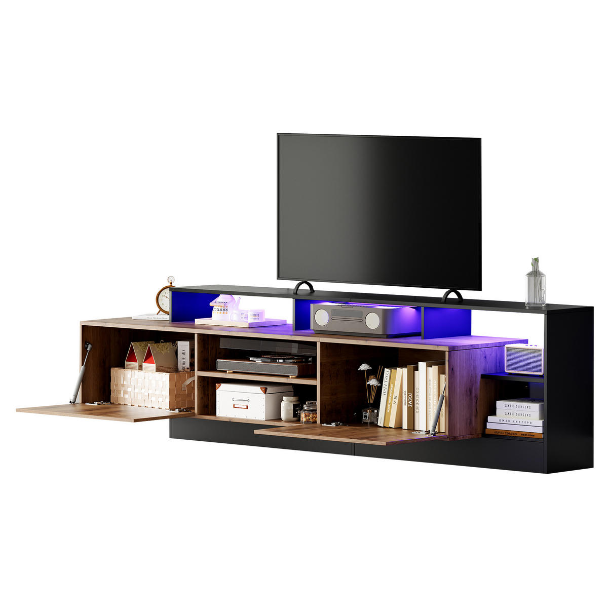 TV-SCHRANK aus Spanplatte 190x40x48,5 cm Eichefarben/Schwarz mit LED-Beleuchtung, viel Stauraum und Klapptüren - Schwarz, Holzwerkstoff (190/48.5/40cm) - Modfu