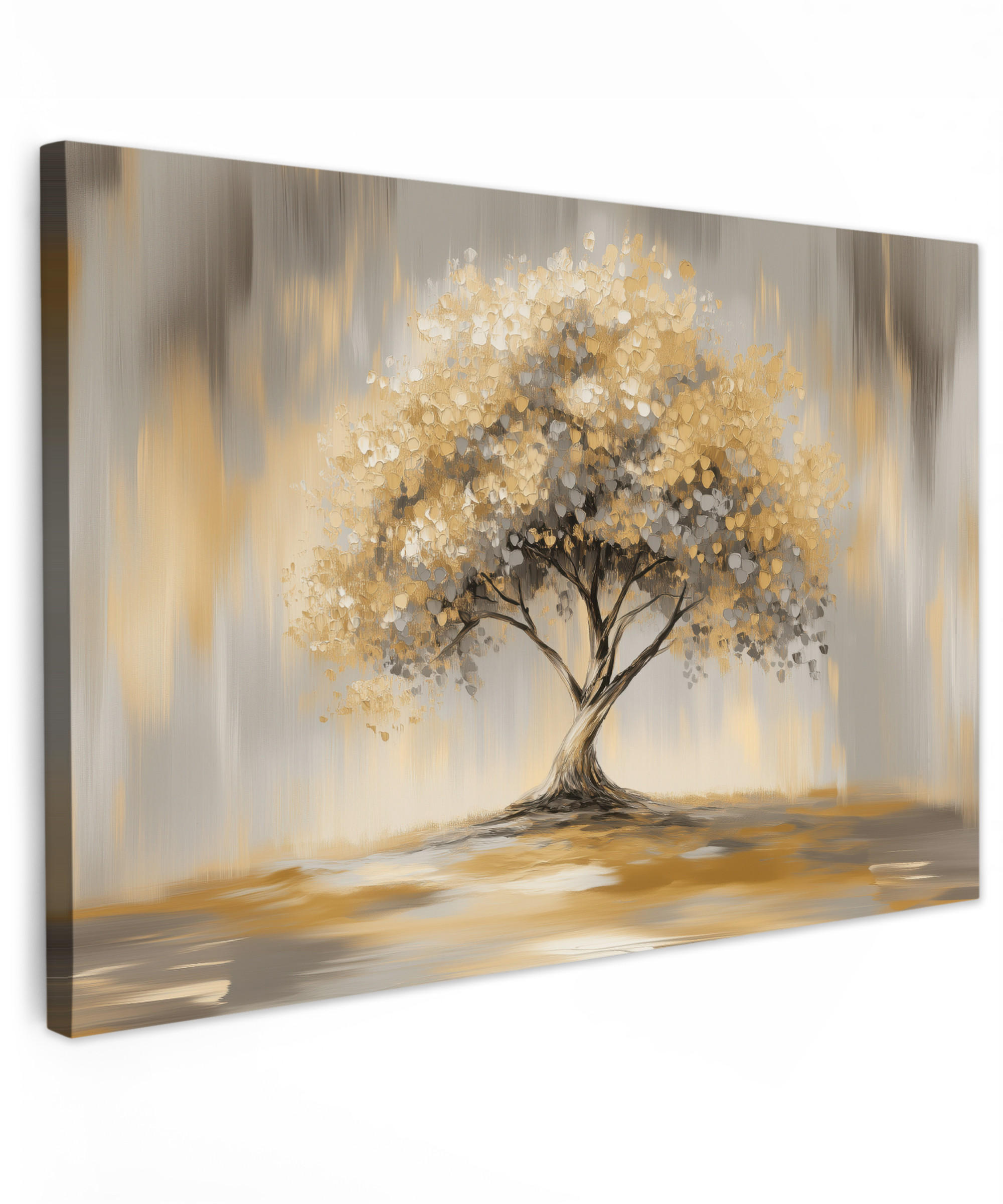 LEINWANDBILD Gemälde - Baum - Abstrakt - Blätter Wohnzimmer Groß 120x80 cm - Beige, Textil (120/80cm) - MuchoWow