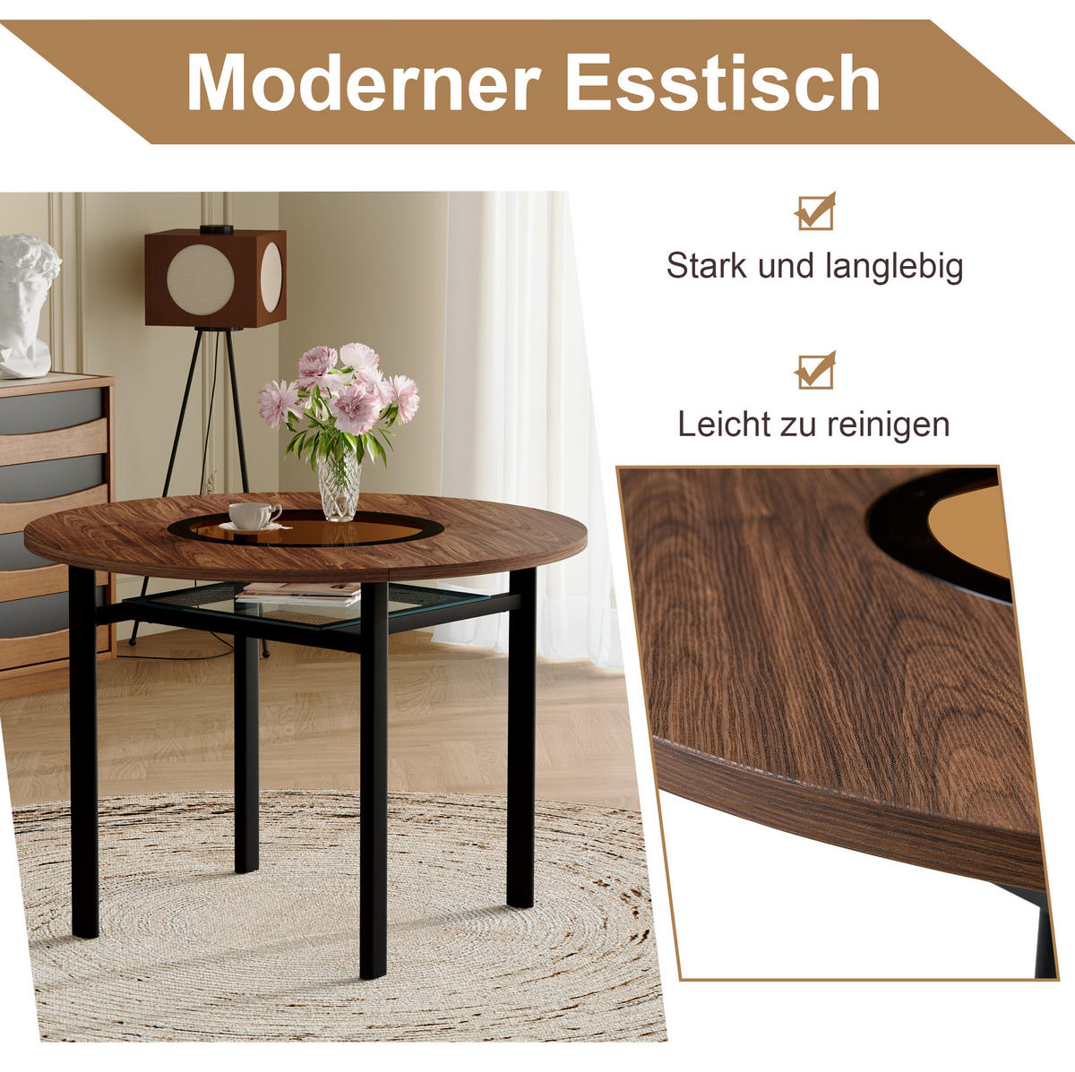 ESSTISCH rund 100 cm in Braun/Schwarz mit Glasintarsie und Ablage - Braun, Holzwerkstoff (100/100/76cm) - Flora Grace