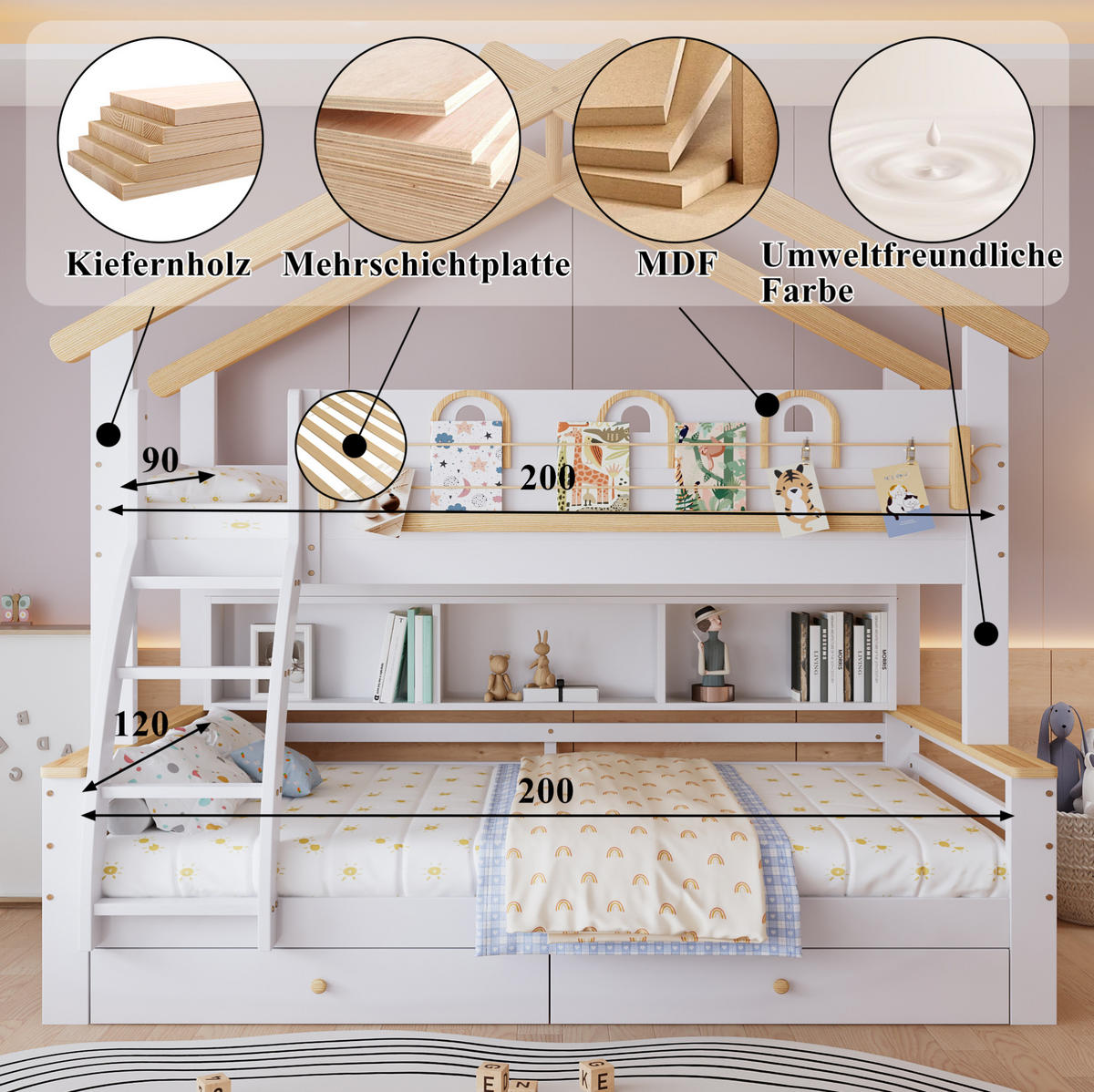 ETAGENBETT Kinderetagenbett 90/200 cm & 120/200 cm Weiß Natur mit Schubladen ohne Matratze - Weiß, Holz (90/200cm) - MIVRAY