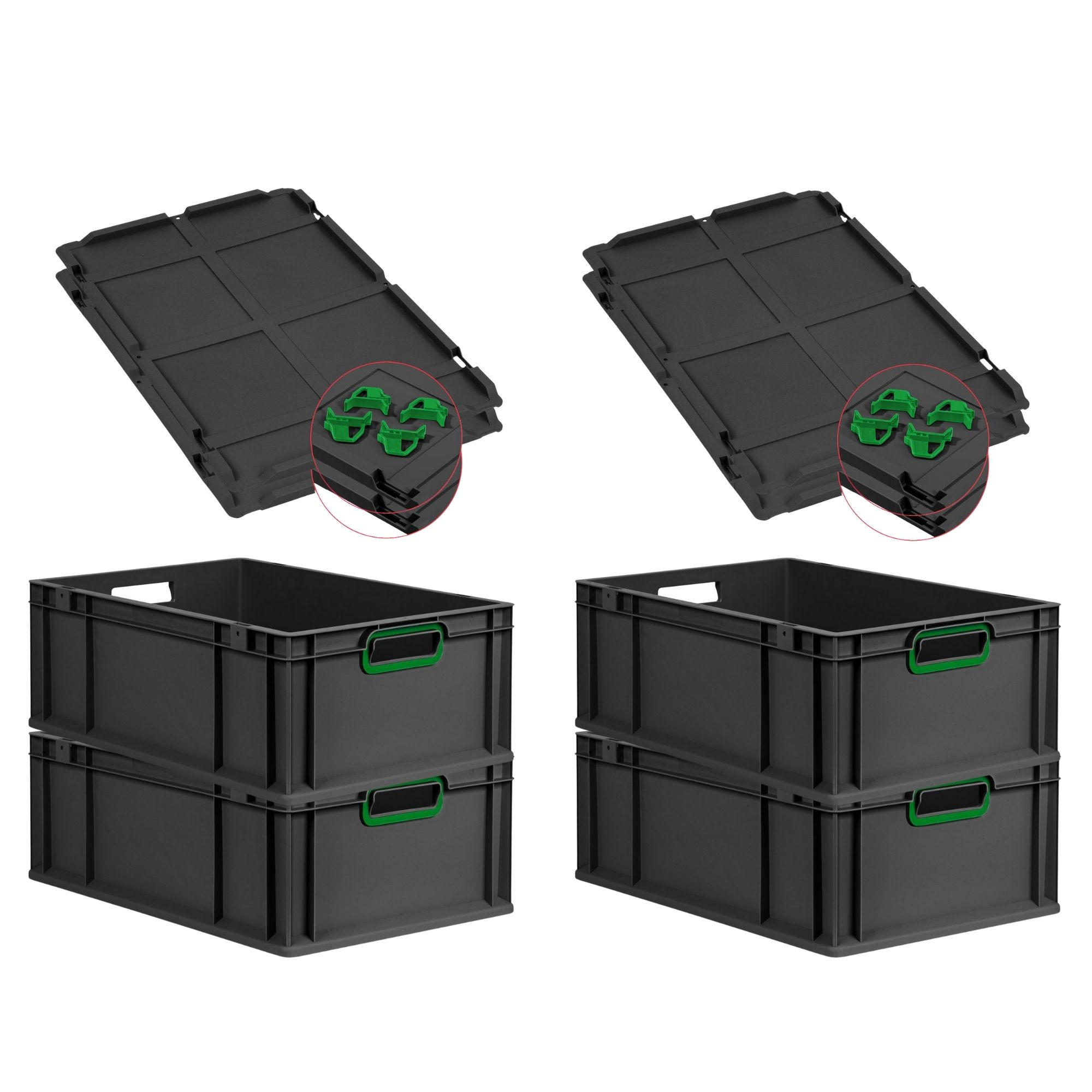 EUROBOX 4x NextGen Color mit Auflagedeckel 22x40x60 cm 44 Liter Schwarz Griffe grün offen - Schwarz/Grün, Kunststoff (40/22/60cm) - PROREGAL