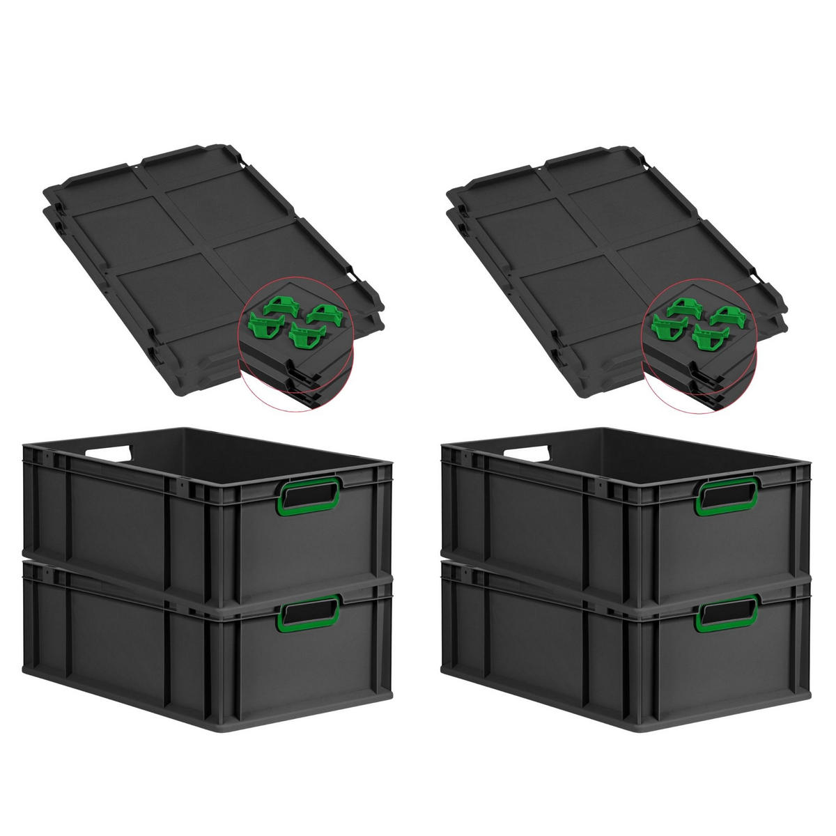 EUROBOX 4x NextGen Color mit Auflagedeckel 22x40x60 cm 44 Liter Schwarz Griffe grün offen - Schwarz/Grün, Kunststoff (40/22/60cm) - PROREGAL