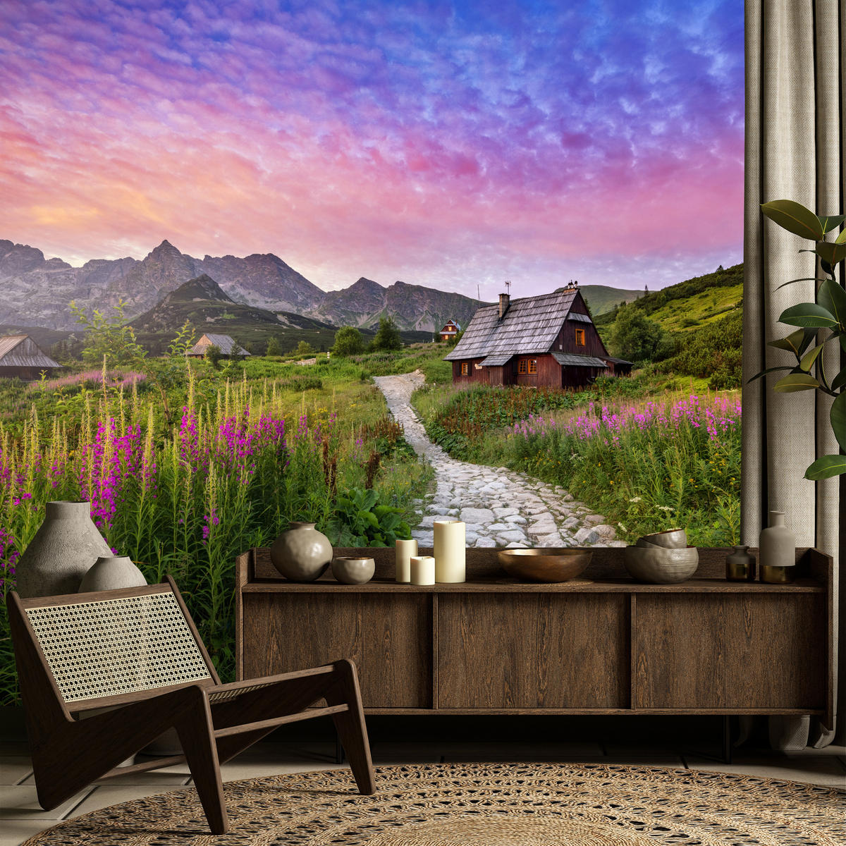 FOTOTAPETE für Schlafzimmer Berglandschaft Holzchalet Natur 150x105 - Beige/Violett, Papier (150/105cm) - Muralo