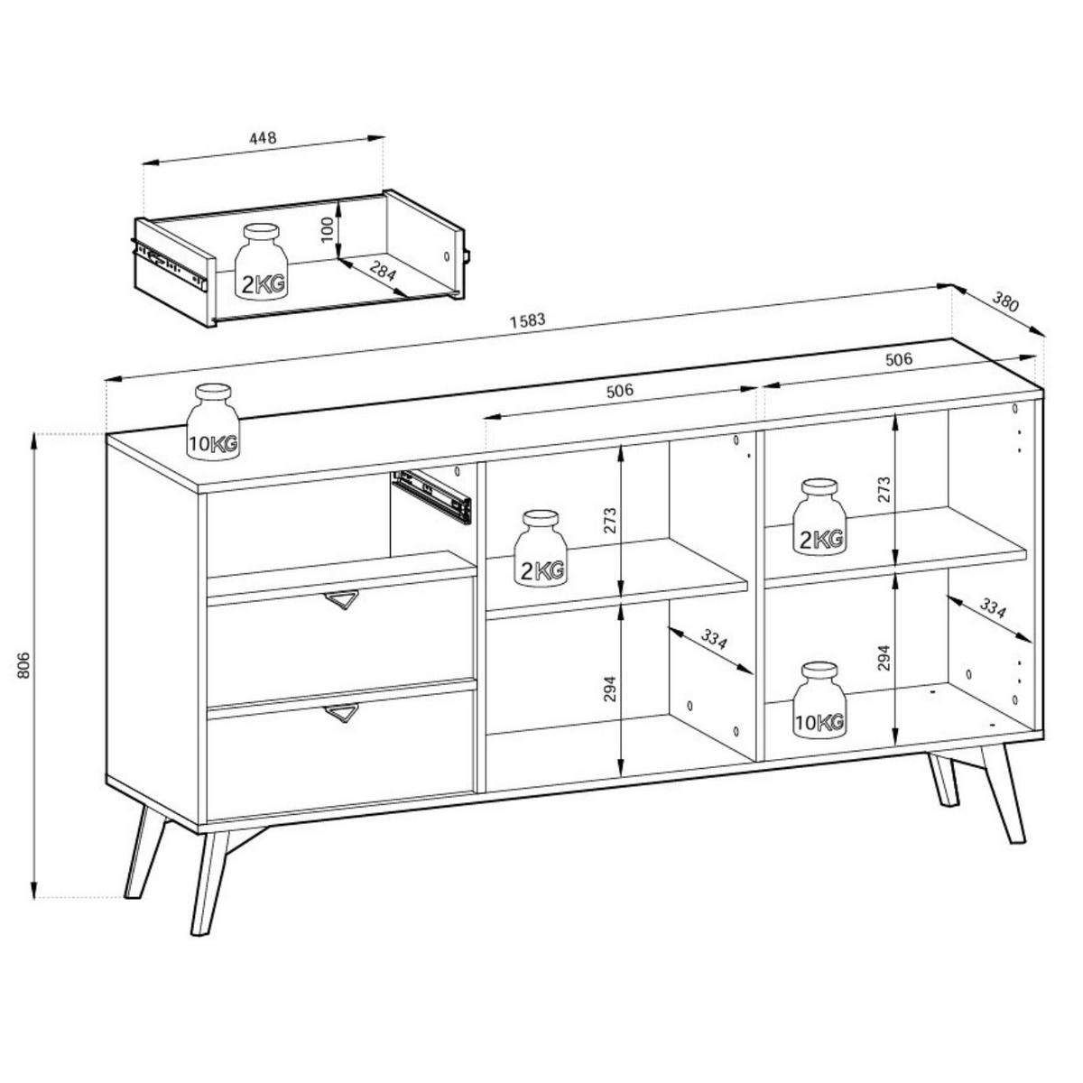 KOMMODE Silva 158 cm in der Farbe Eukalyptus + Scandi-Fischgrätmuster mit Türen und Schubladen - Goldfarben/Grün, Holz/Holzwerkstoff (158/81/38cm) - Ravio