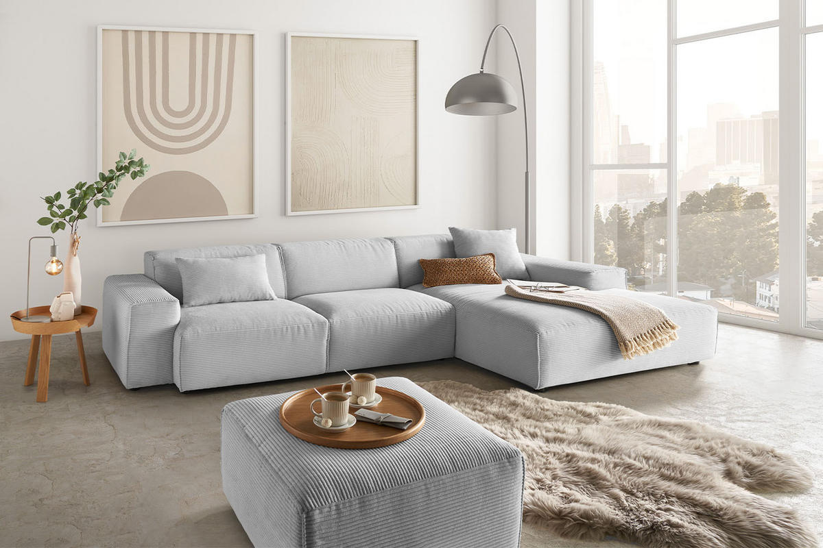 ECKSOFA RANI Hellgrau Cord - Hellgrau/Schwarz, Kunststoff/Textil (299/189cm) - KAWOLA