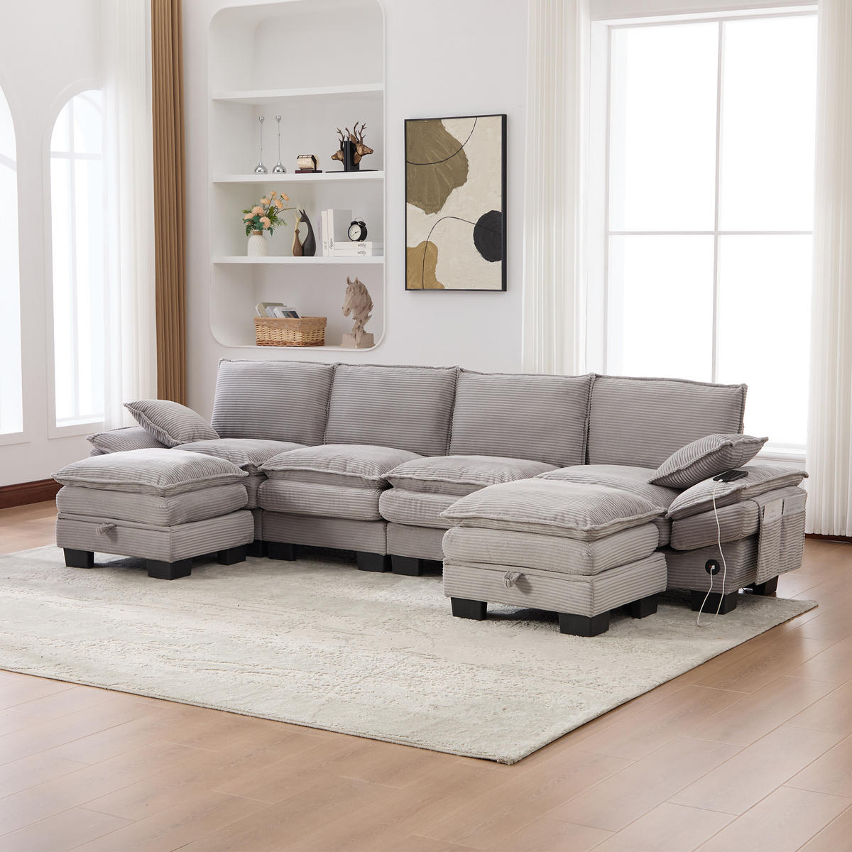 WOHNLANDSCHAFT Cord Hellgrau mit 2 Hocker, USB-C und Seitentaschen - Hellgrau, Holzwerkstoff/Kunststoff (330/84/132cm) - WISHDOR