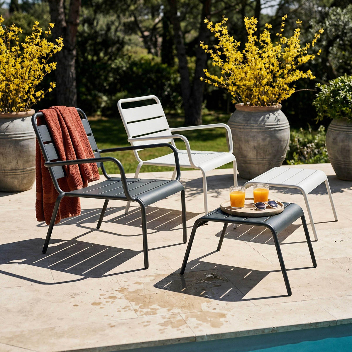 RELAXSESSEL MIT HOCKER 2-tlg., Grau/Weiß - Weiß, Metall (64/72/60cm) - Oviala