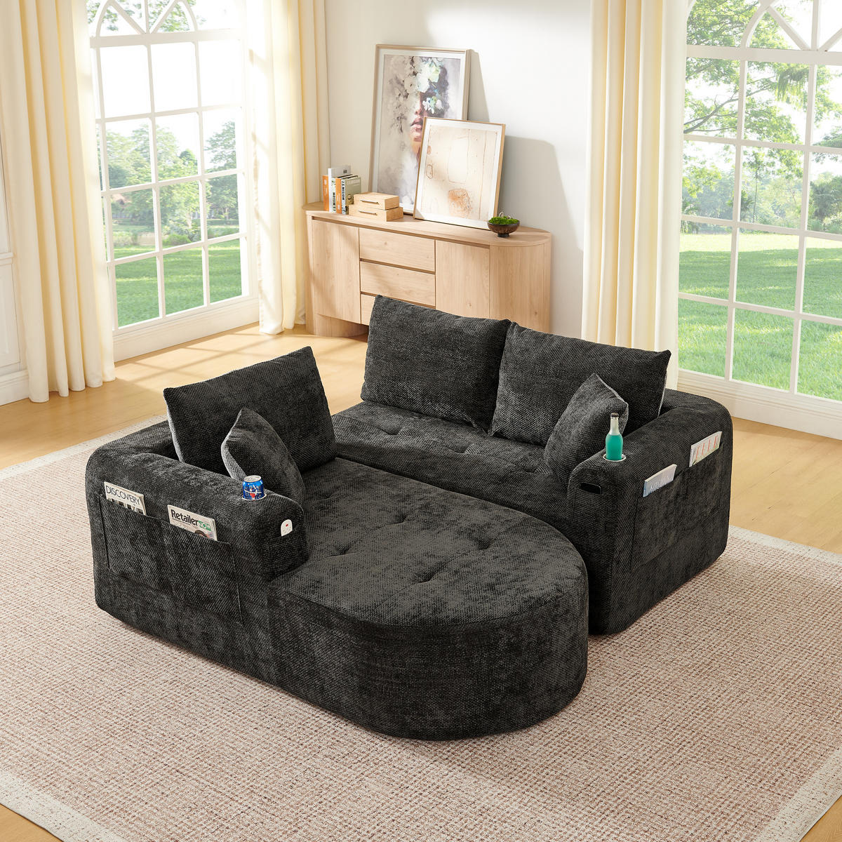 L-FÖRMIGES ECKSOFA Schwarz 255/170/67 cm 3-Sitzer mit Becherhalter und Seitentaschen - Schwarz, Textil (255/170cm) - PANGIVO