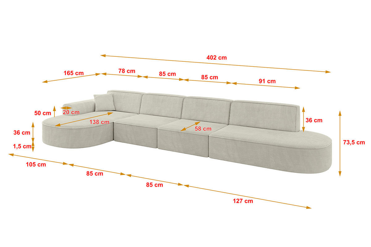 ECKSOFA Ottomane Links MARI-L3 - 402x163x73,5 cm Hellgrau Cord - Hellgrau/Schwarz, Holzwerkstoff/Kunststoff (165/406cm) - ALTDECOR