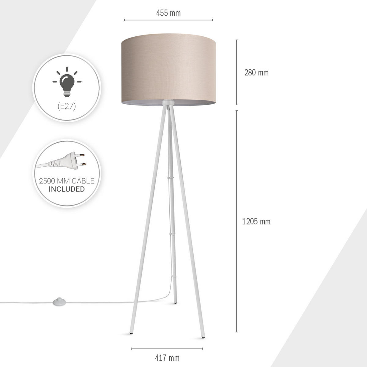 STEHLEUCHTE Trina Fl - Ecru/Weiß, Metall (41.7/36.7/148.5cm) - Paco Home
