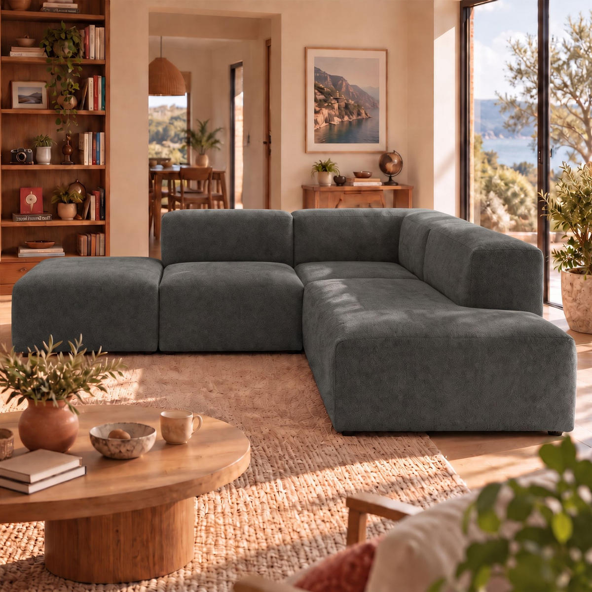 4-SITZER modulares Ecksofa HEAVEN SET 3 Rechts, Breite 270 cm Webstoff Dunkelgrau - Dunkelgrau/Schwarz, Holz/Kunststoff (270/245cm) - Muffo