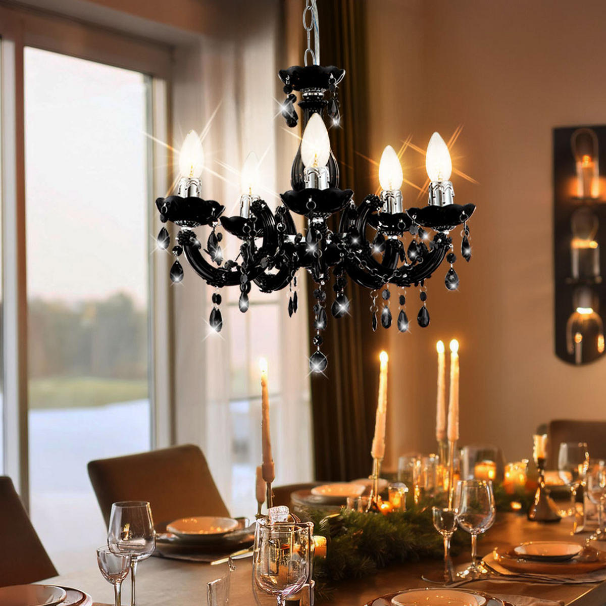 KRONLEUCHTER Kristalloptik Schwarz 5-flammig - Schwarz, Metall (44/44/128cm) - Globo Lighting