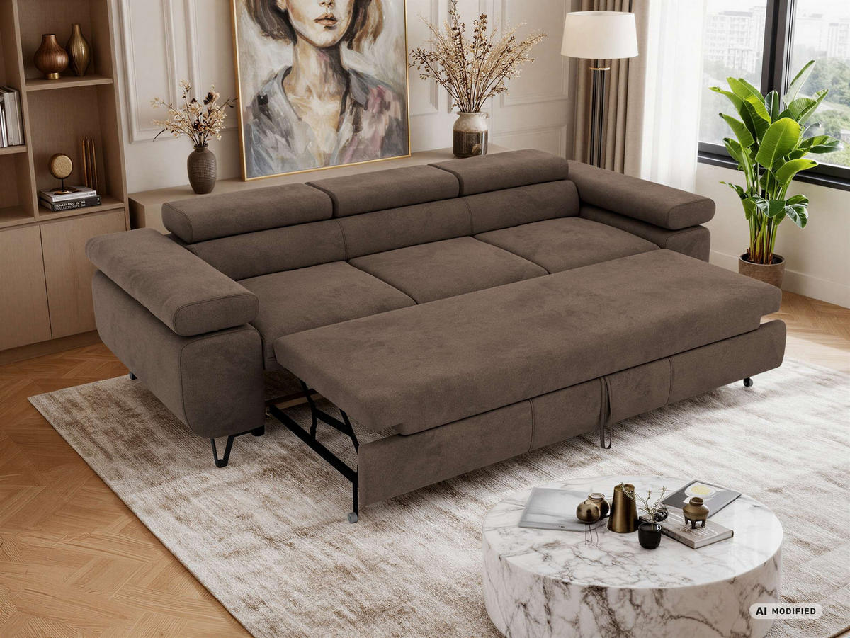 TROJMIESTNA POHOVKA PETER 3 s rozkládací funkcí - Hnedá Samet - hnedá/čierna, kov/textil (262/76/99cm) - MKS