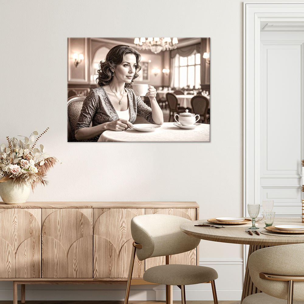 LEINWANDBILD Frau Restaurant Kaffeetasse 120x80cm - Beige, Textil (120/80cm) - Feeby