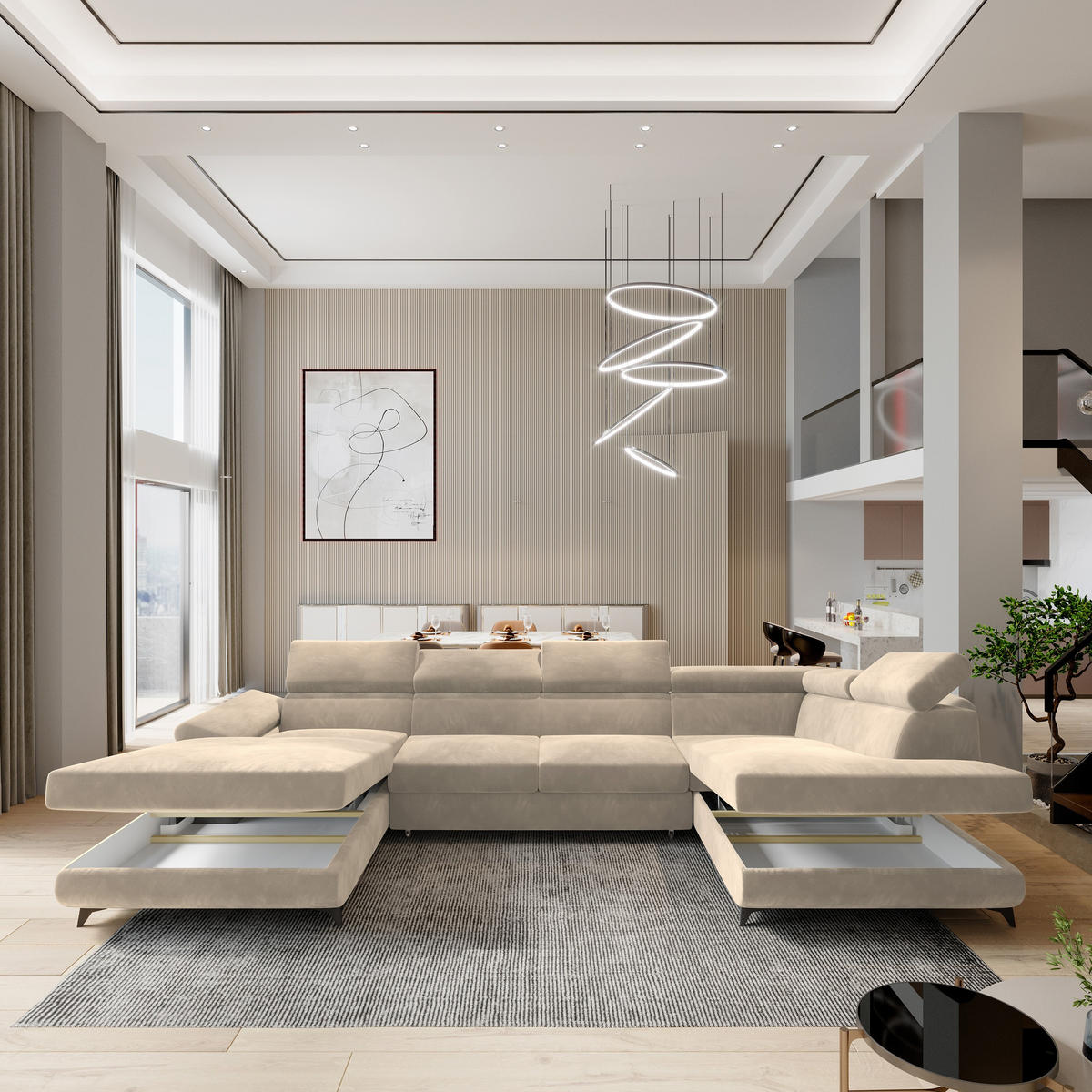 WOHNLANDSCHAFT RUBANO R-S Creme Velours-Stoff mit Schlaffunktion - Creme, Holz (339/89/190cm) - MASSENO