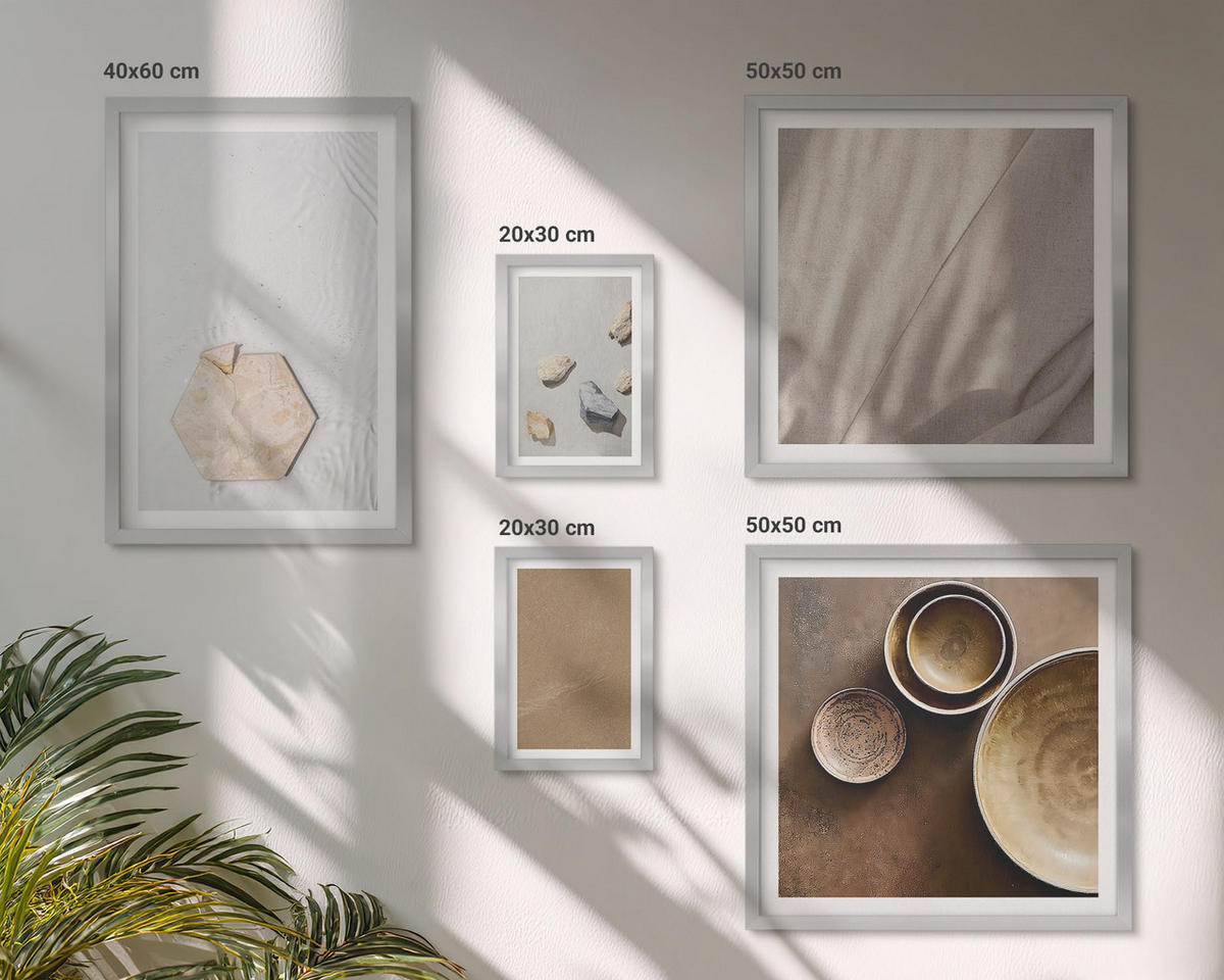 WANDBILDER 5er Set - 50x50 cm & 20x30 cm & 40x60 cm Silberner Rahmen - Minimalistische warme Texturen - Silberfarben, Kunststoff (40/60cm) - ArtPrintCave
