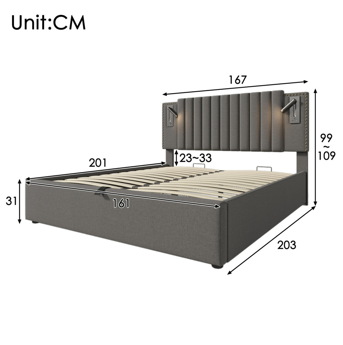 POLSTERBETT 160/200 cm mit Bettkasten, Matratze, Leselicht, USB- und USB-C-Anschlüssen, höhenverstellbarem Kopfteil, Grau - Grau, Textil (160/200cm) - Redom