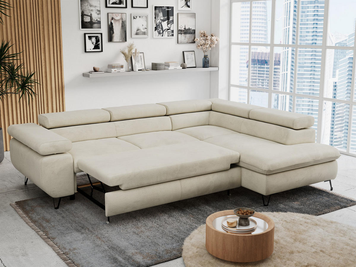 ECKSOFA PETER L Beige Velvet - Rechts Seite - Beige/Schwarz, Textil/Metall (273/208cm) - MKS