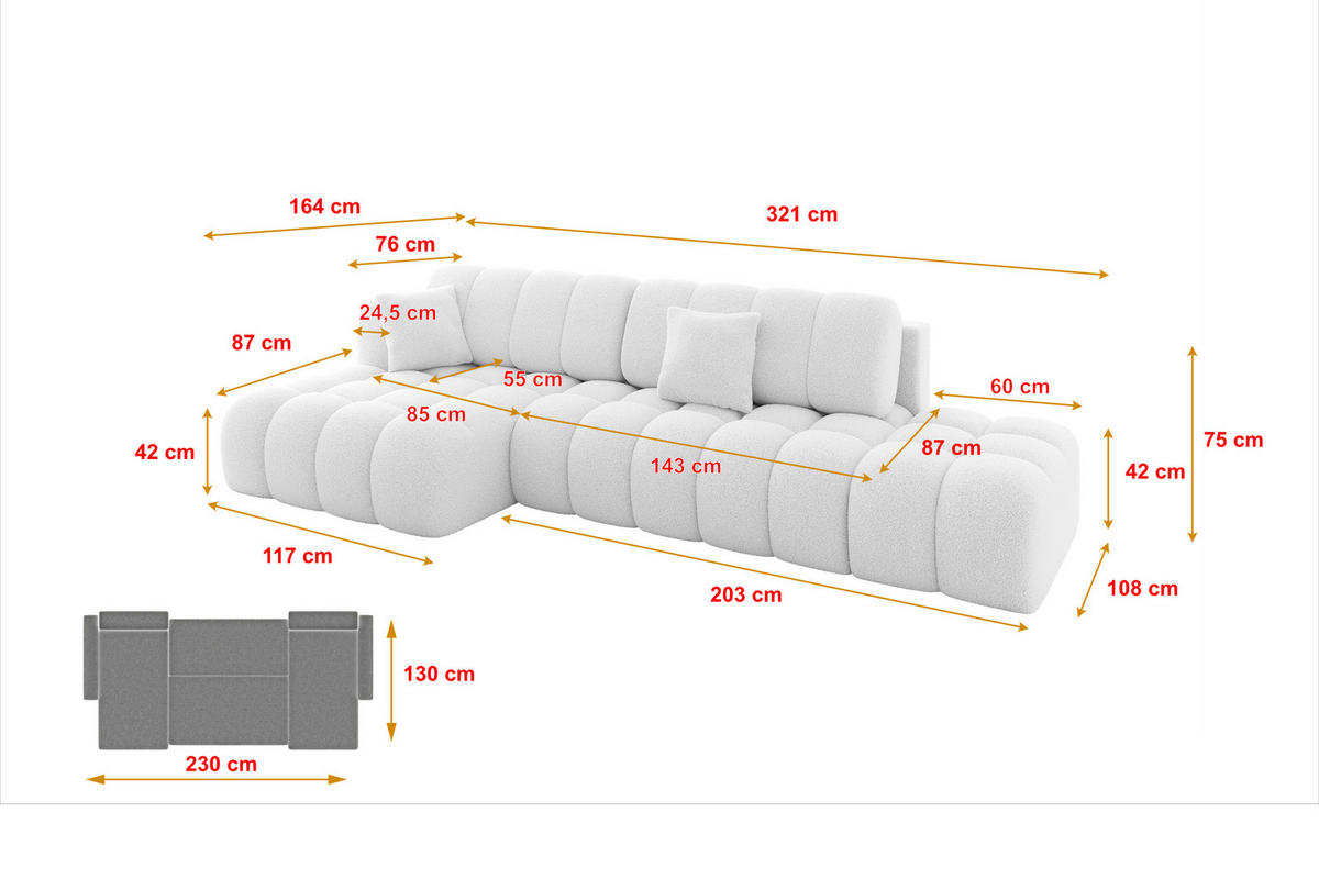 ECKSOFA mit Schlaffunktion Ottomane Links OLEA-L2 321x164x75 Weiß Bouclé - Schwarz/Weiß, Holzwerkstoff/Kunststoff (321/164cm) - ALTDECOR