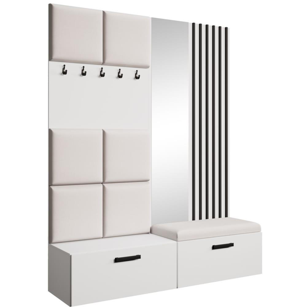 Beautysofa PŘEDSÍŇOVÁ sestava Margaret I+II 162/203/43 s čalouněnými panely / lamelami / zrcadlem, bílá|černá