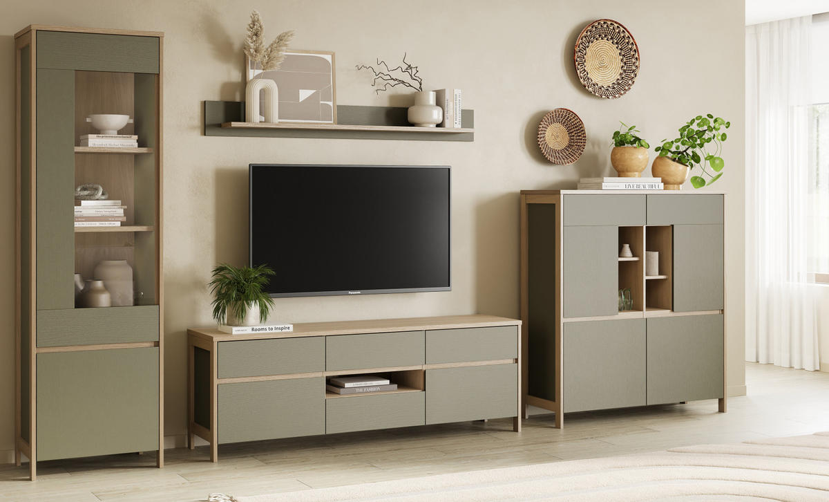 WOHNWAND Salbei grün, Eiche, Wohnkombination skandinavisch 4-teilig 360 cm, Soft-Close - Salbeigrün/Eichefarben, Holzwerkstoff/Metall (363/195/39cm) - Furn.Design