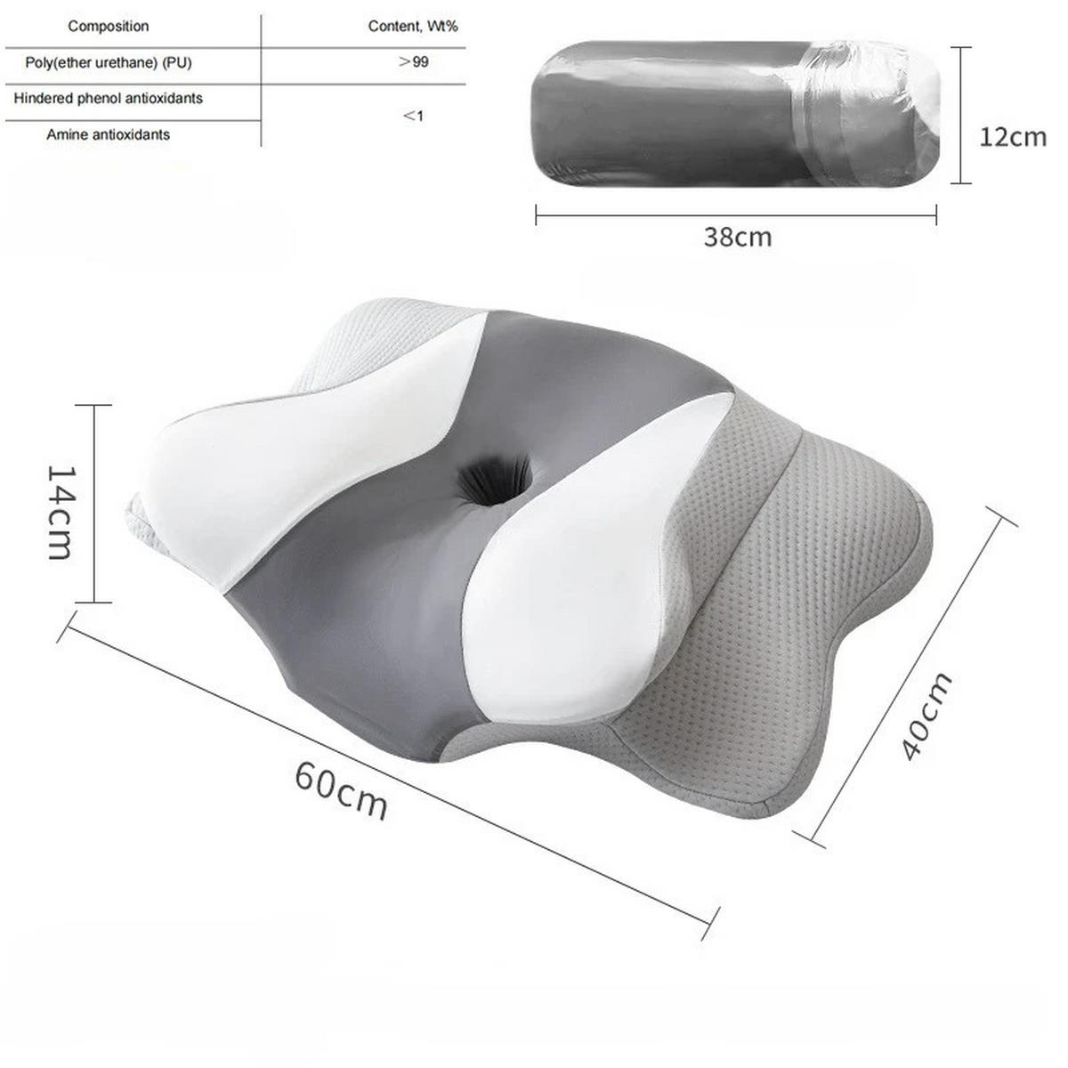 NACKENKISSEN ，Ergonomisches , 60x40x13cm - Dunkelgrau/Weiß, Textil (60/40cm)