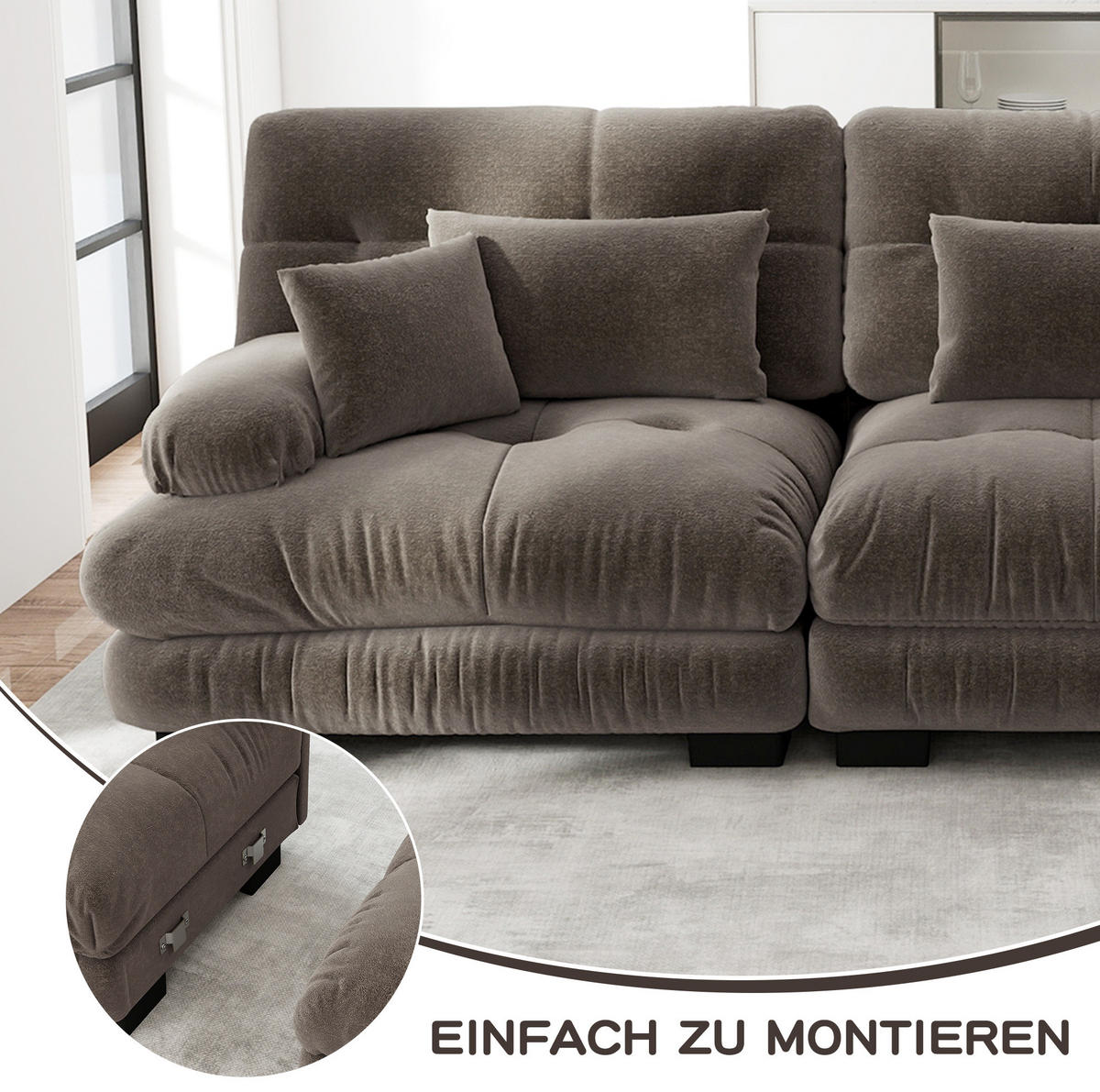 ECKSOFA aus Chenille mit modularer Gestaltung und Rundarmlehnen, Braun - Braun, Textil (220/77cm) - Redom
