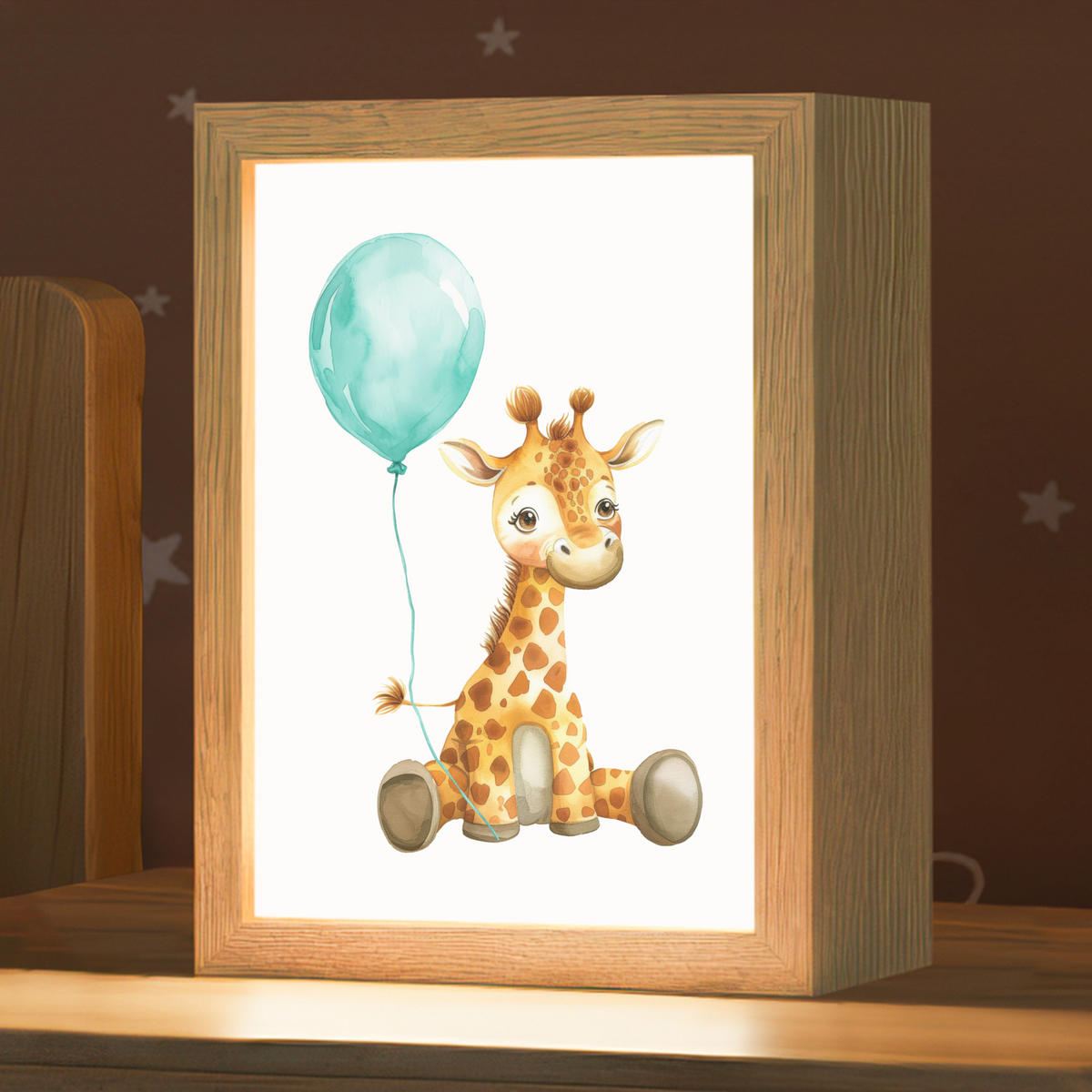 NACHTTISCHLAMPE Giraffe - Baby - Tiere - Blauer Ballon 15x20 cm - Weiß, Holzwerkstoff (8/15/20cm)