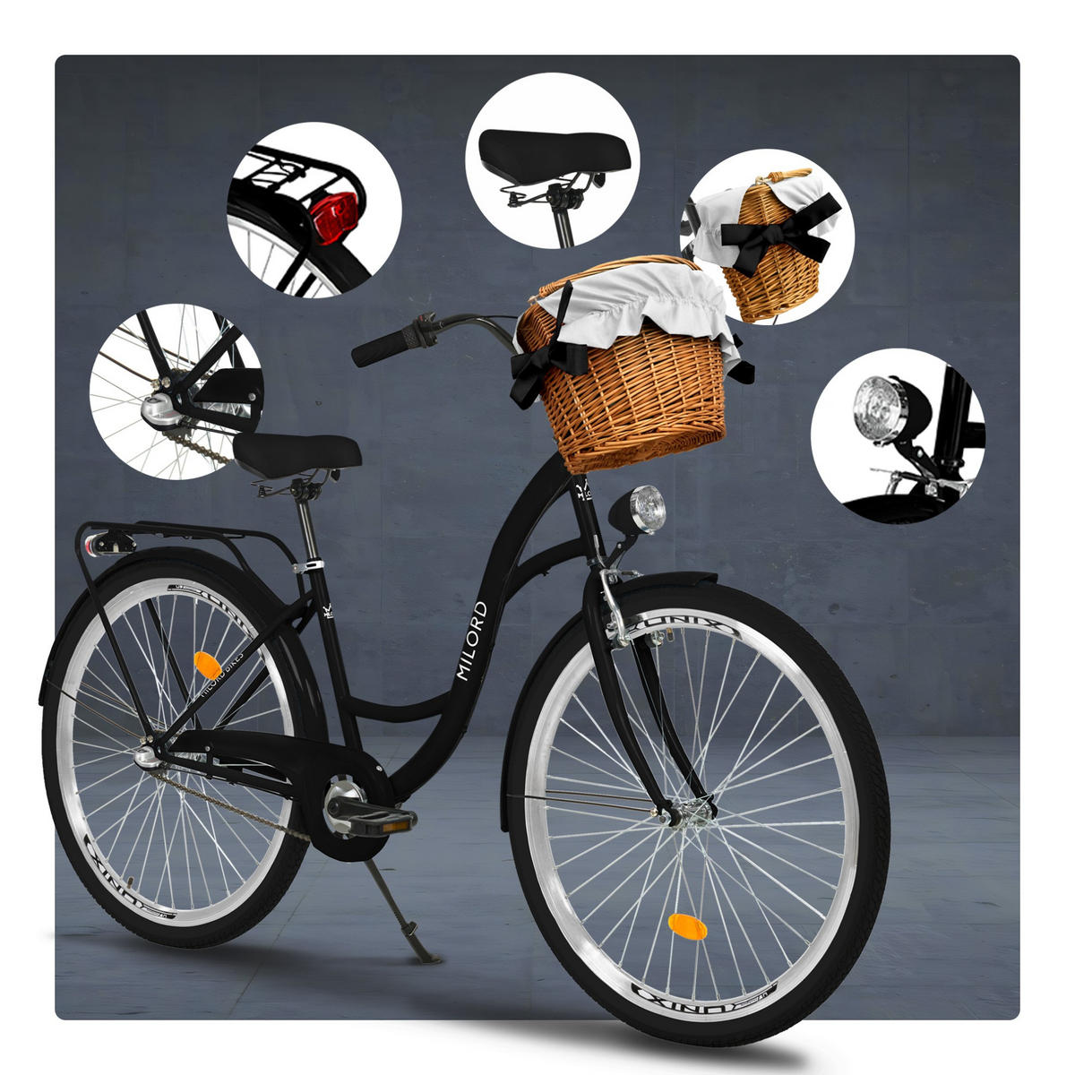 CITY-FAHRRAD Milord mit Weidenkorb, 28 Zoll, Schwarz, 3-Gang - Schwarz, Metall (46cm) - Milordbikes