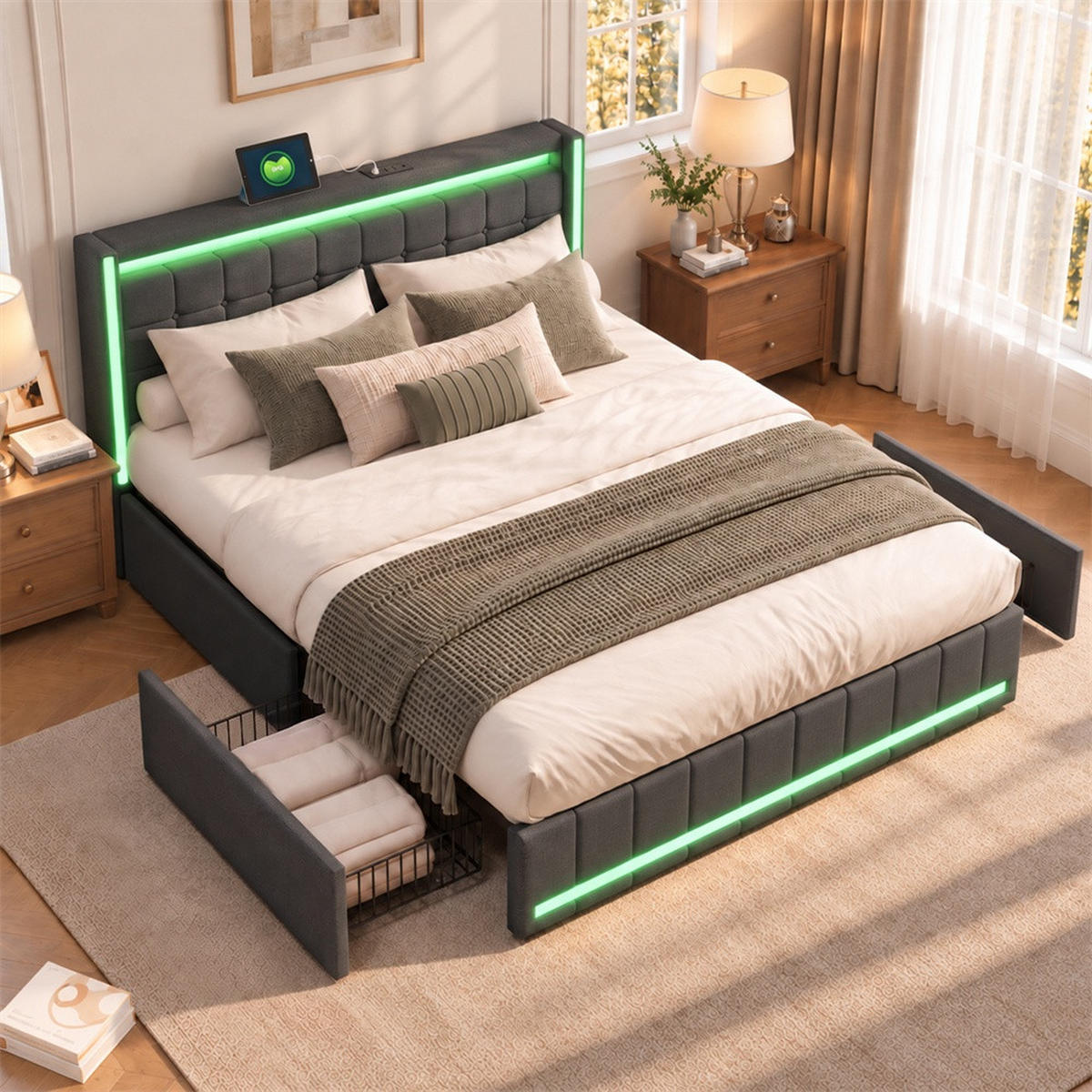 POLSTERBETT 180x200 cm Lumina Smart mit 3-Zonen RGB-LED, USB & USB-C, 4 Schubladen, Leinen-Optik, Dunkelgrau - Grau, Textil (180/200cm) - DELFA