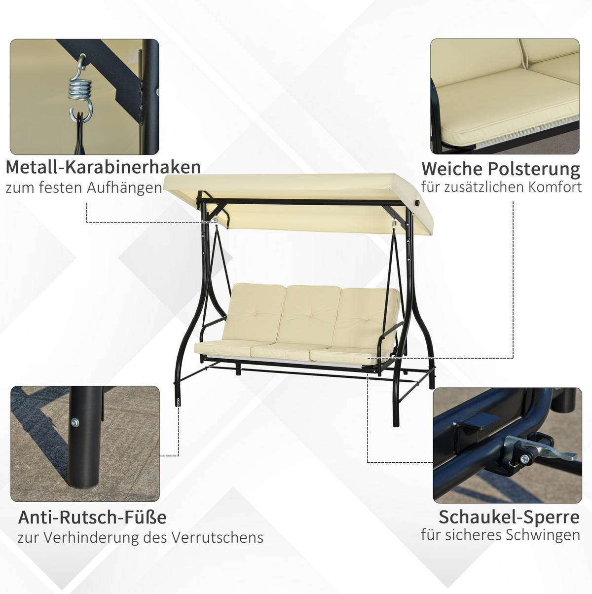 HOLLYWOODSCHAUKEL 195/117/175 cm mit Liegefunktion, verstellbarem Sonnendach und Stahlgestell, Beige - Beige, Metall (117/175/195cm) - Redom