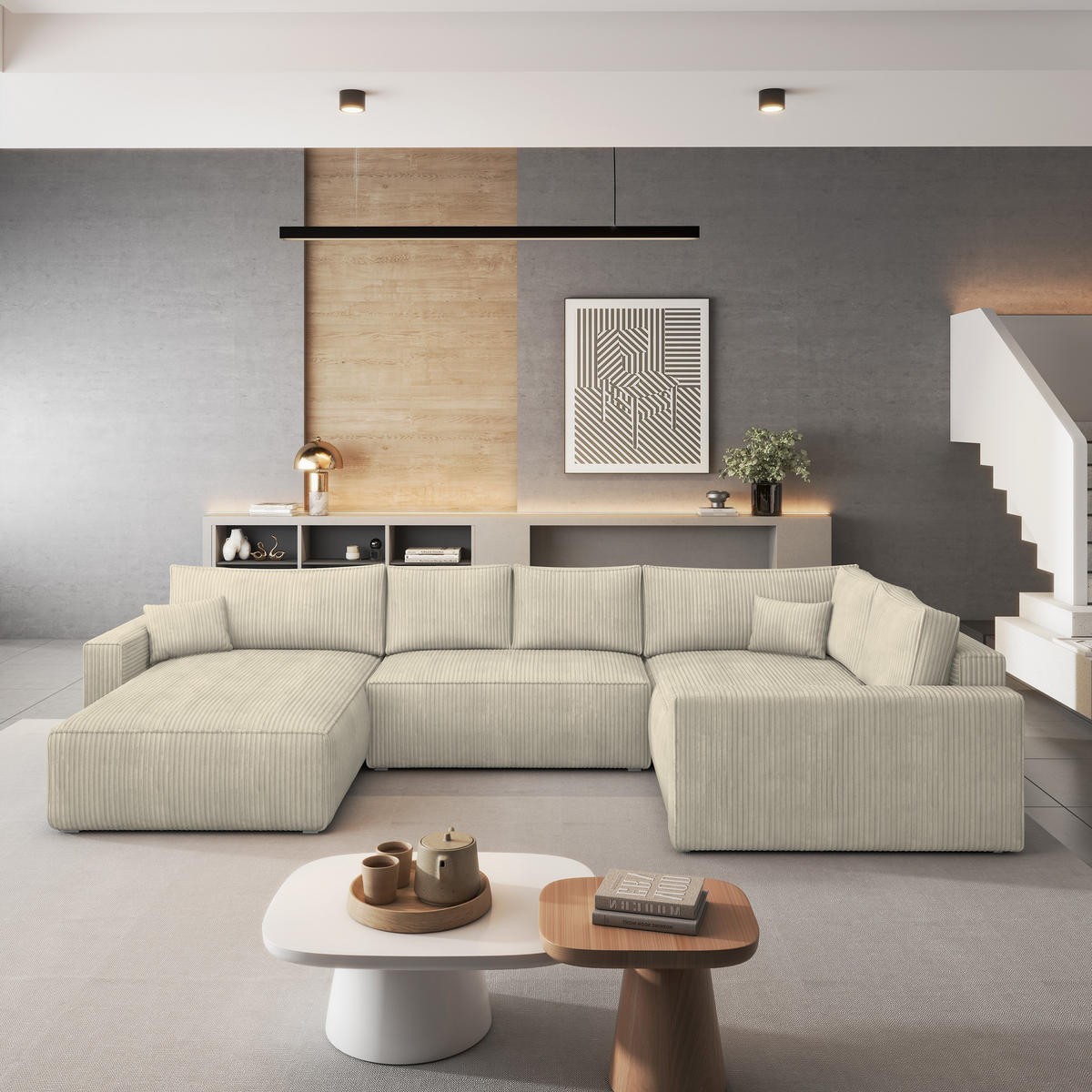 ROHOVÁ SEDAČKA VELAMI krémová - šedá/krémová, dřevo/textil (365/194cm) - MASSENO