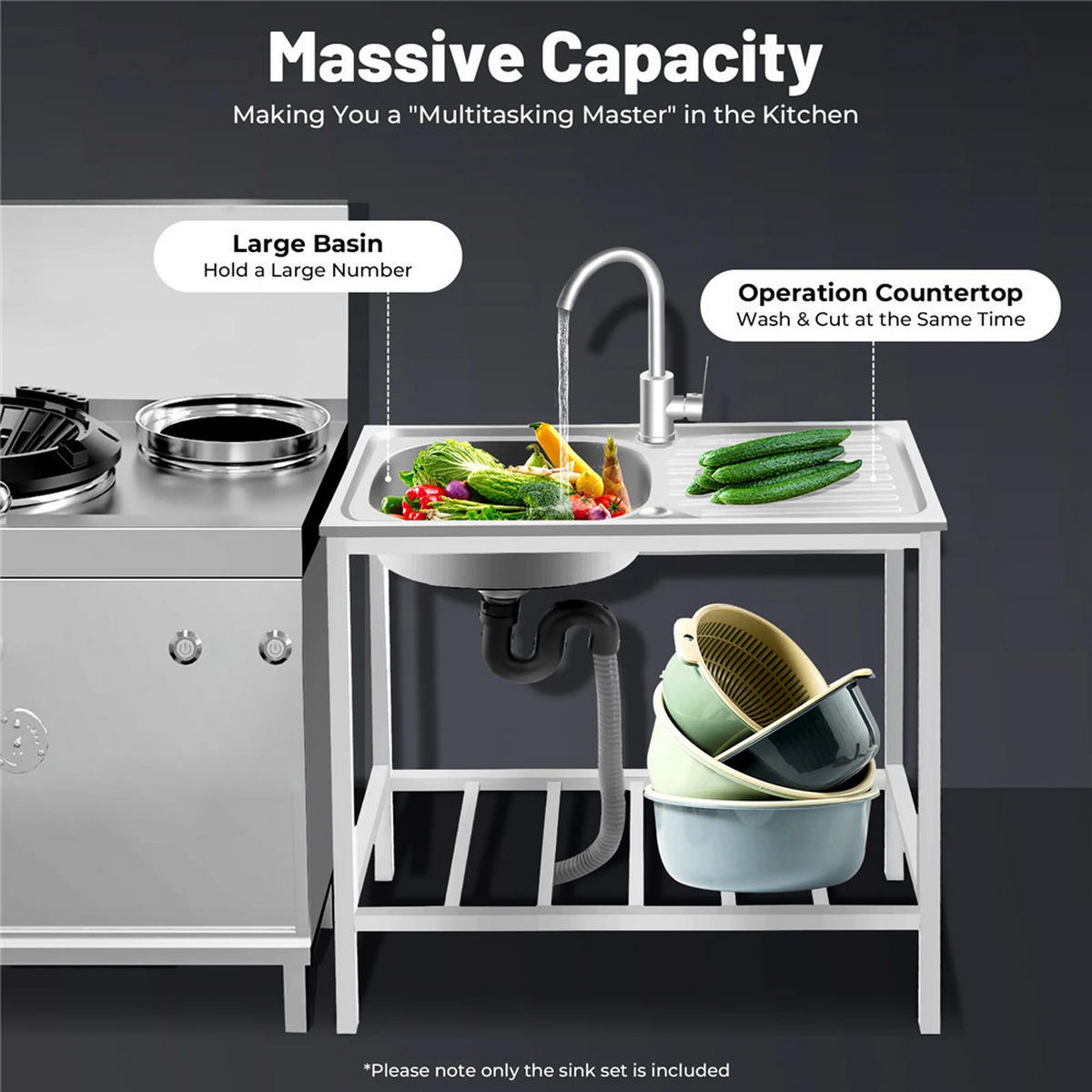 OUTDOORKÜCHE Edelstahl Spüle mit Arbeitsfläche + Wasserhahn - Silberfarben, Metall - Kaket