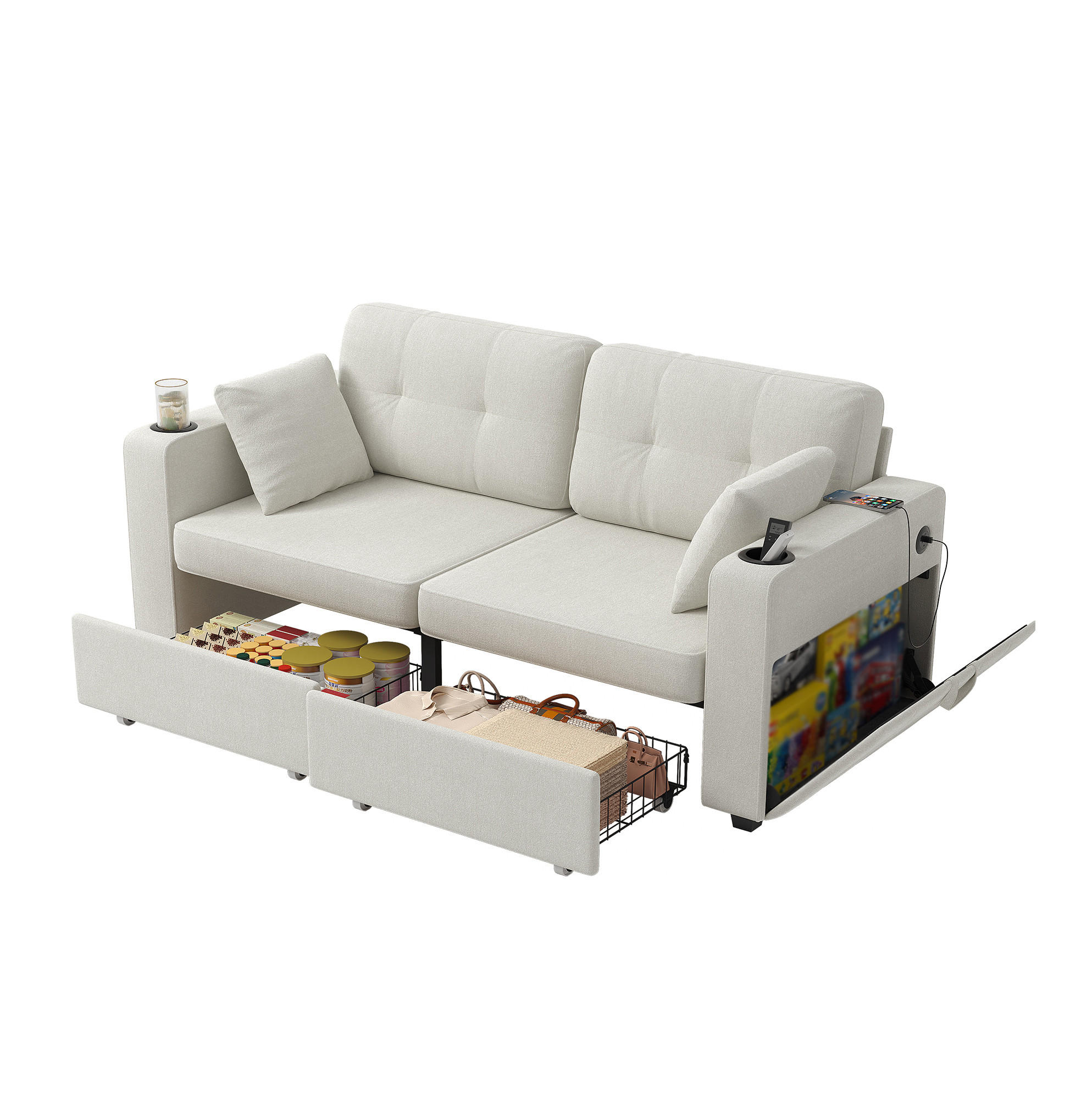 SOFA 2-Sitzer mit Stauraumschubladen USB Chenille Beige - Beige, Holzwerkstoff (172/82/75cm) - Meubliv