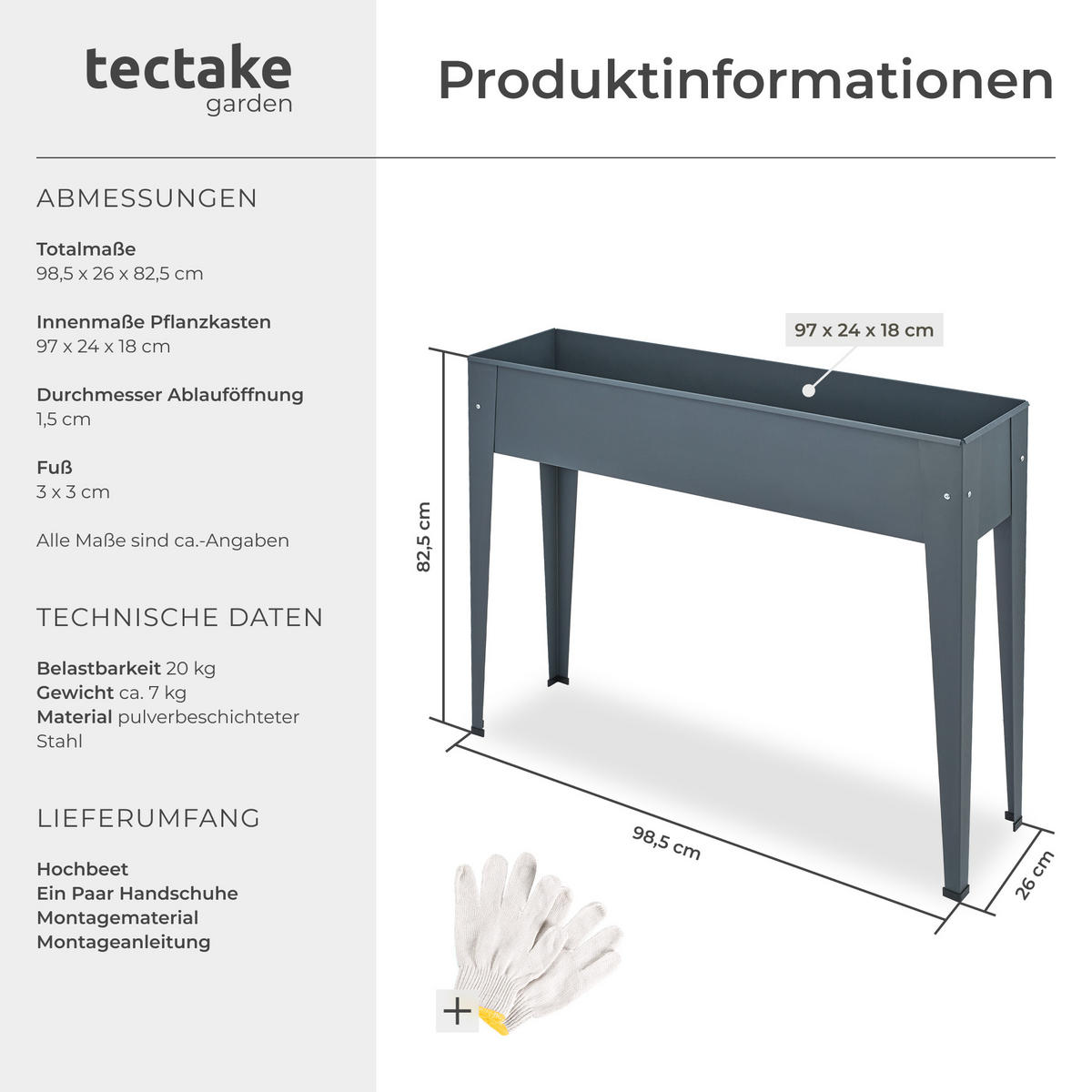 HOCHBEET Calendula,98,5 x 26 x 82,5 cm,anthrazit - Anthrazit, Metall (26/82.5/98.5cm) - tectake