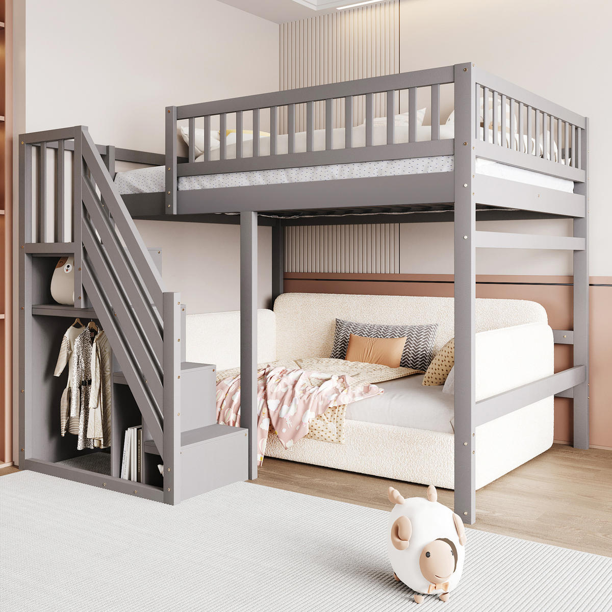 BETT mit Stauraumtreppe 140x200 cm Kiefernholz Grau - Grau, Holzwerkstoff (140/200cm) - Beauniv