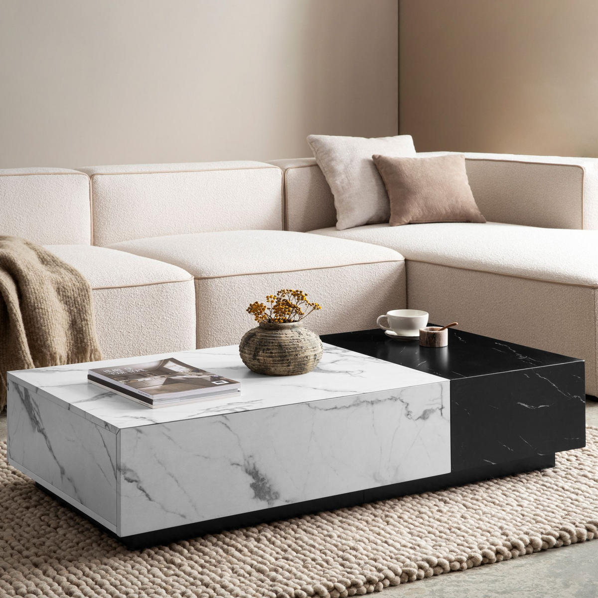 COUCHTISCH Weiß Schwarz Marmor-Optik 120x60x28 cm mit Schubladen und Stauraum - Schwarz/Weiß, Holzwerkstoff (60/120/28cm) - KADIMA DESIGN