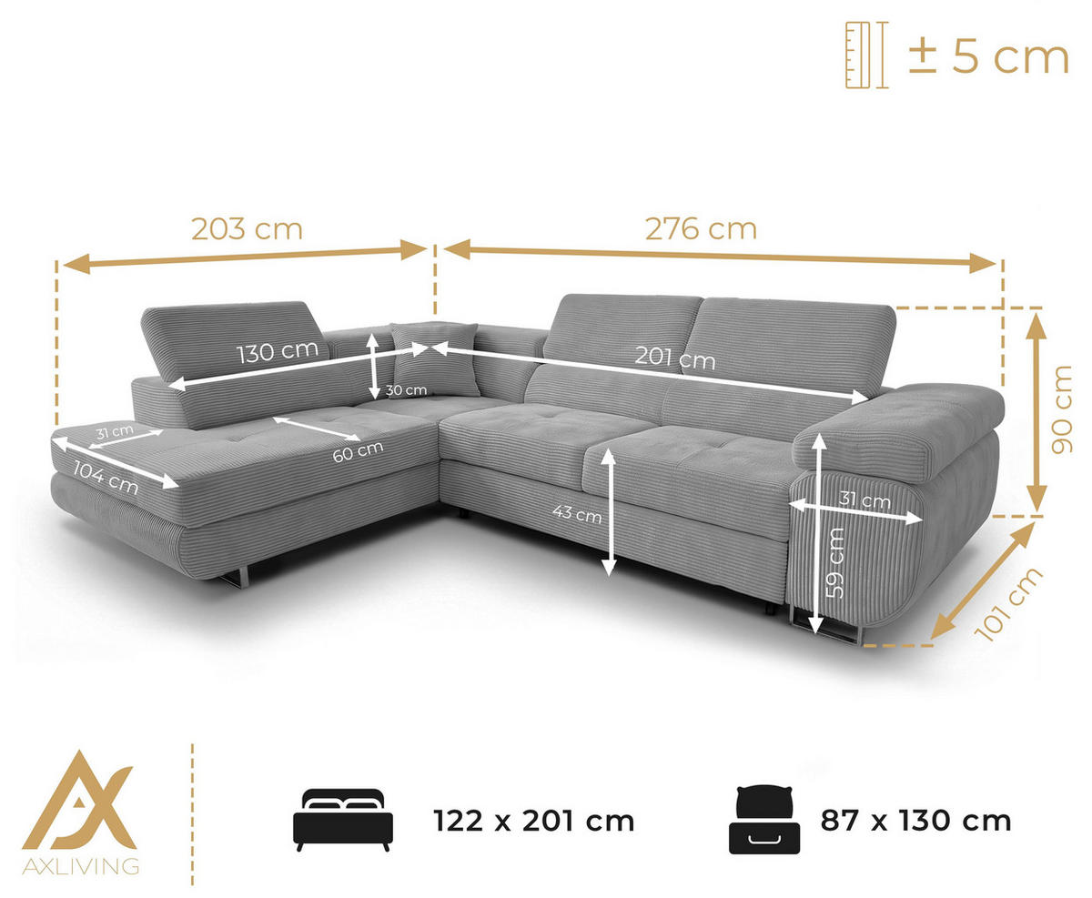 ECKSOFA L Form Konak Rosa 276/201/90 cm Links mit Schlaffunktion - Silberfarben/Rosa, Textil/Metall (203/276cm) - AX Living