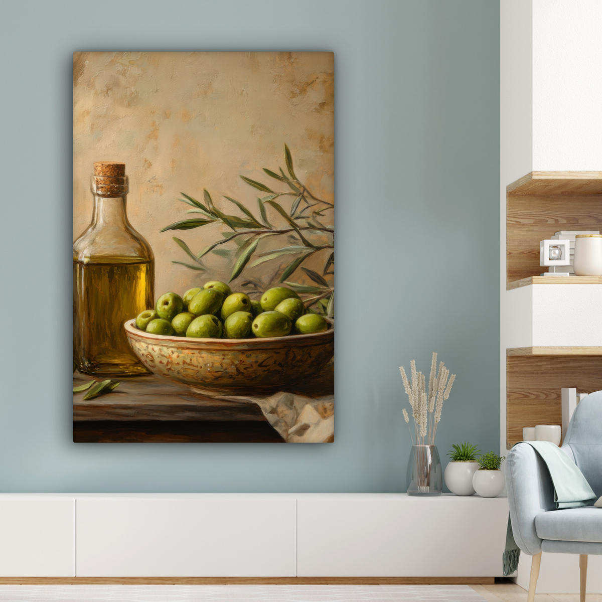 LEINWANDBILD Oliven - Stilleben - Vintage 80x120 cm - Olivgrün, Textil (80/120cm) - MuchoWow
