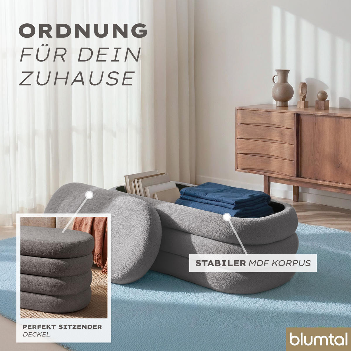 SITZBANK mit Stauraum Oval – Bouclé Sitztruhe Grau - Grau, Textil (42/42.5/76cm) - Blumtal