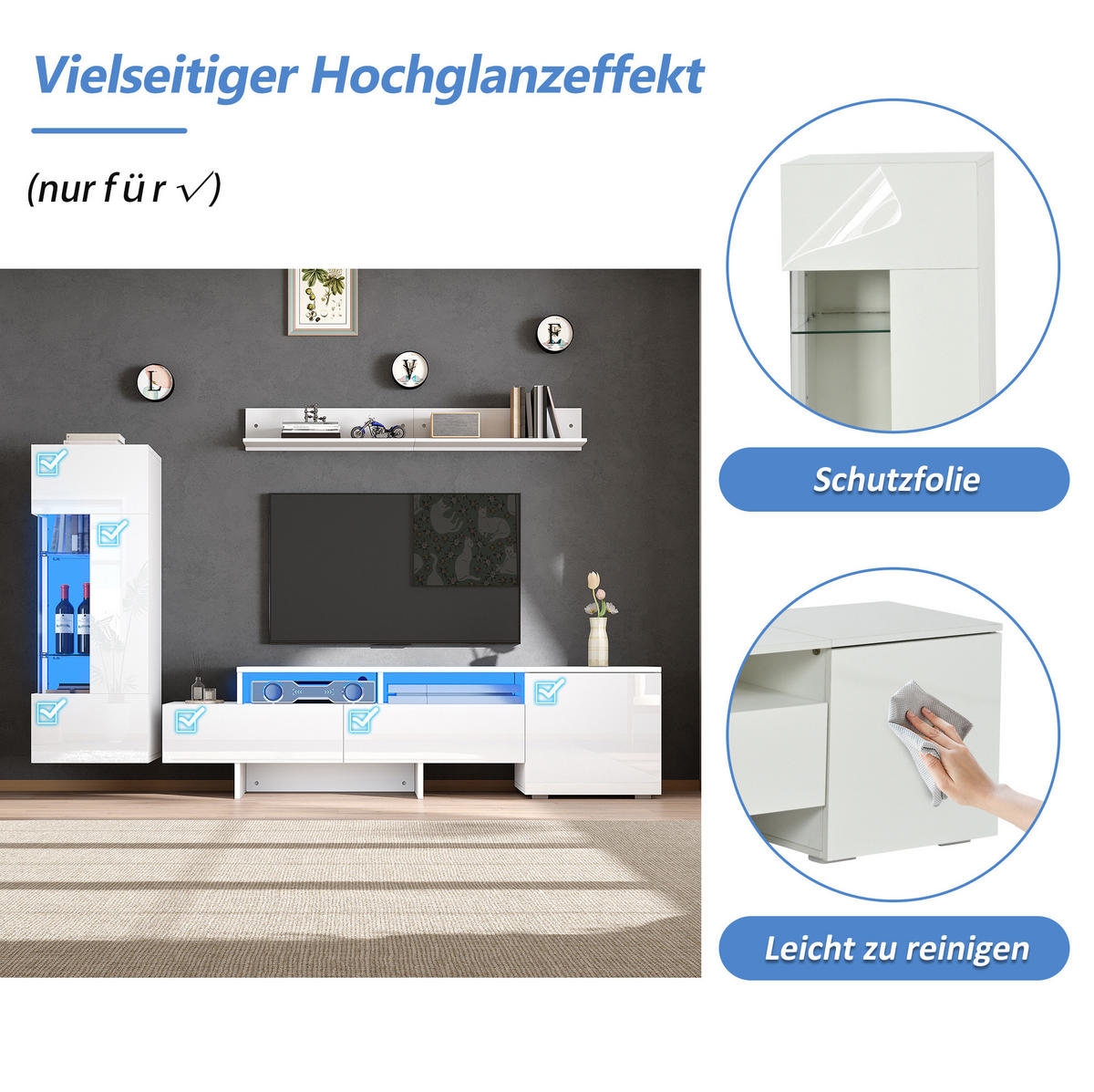 OBÝVACIA stena 170/35/45 cm biela s LED osvetlením a vysokým leskom z drevotriesky, akrylu a skla - biela, kompozitné drevo (170/45/35cm) - OKWISH