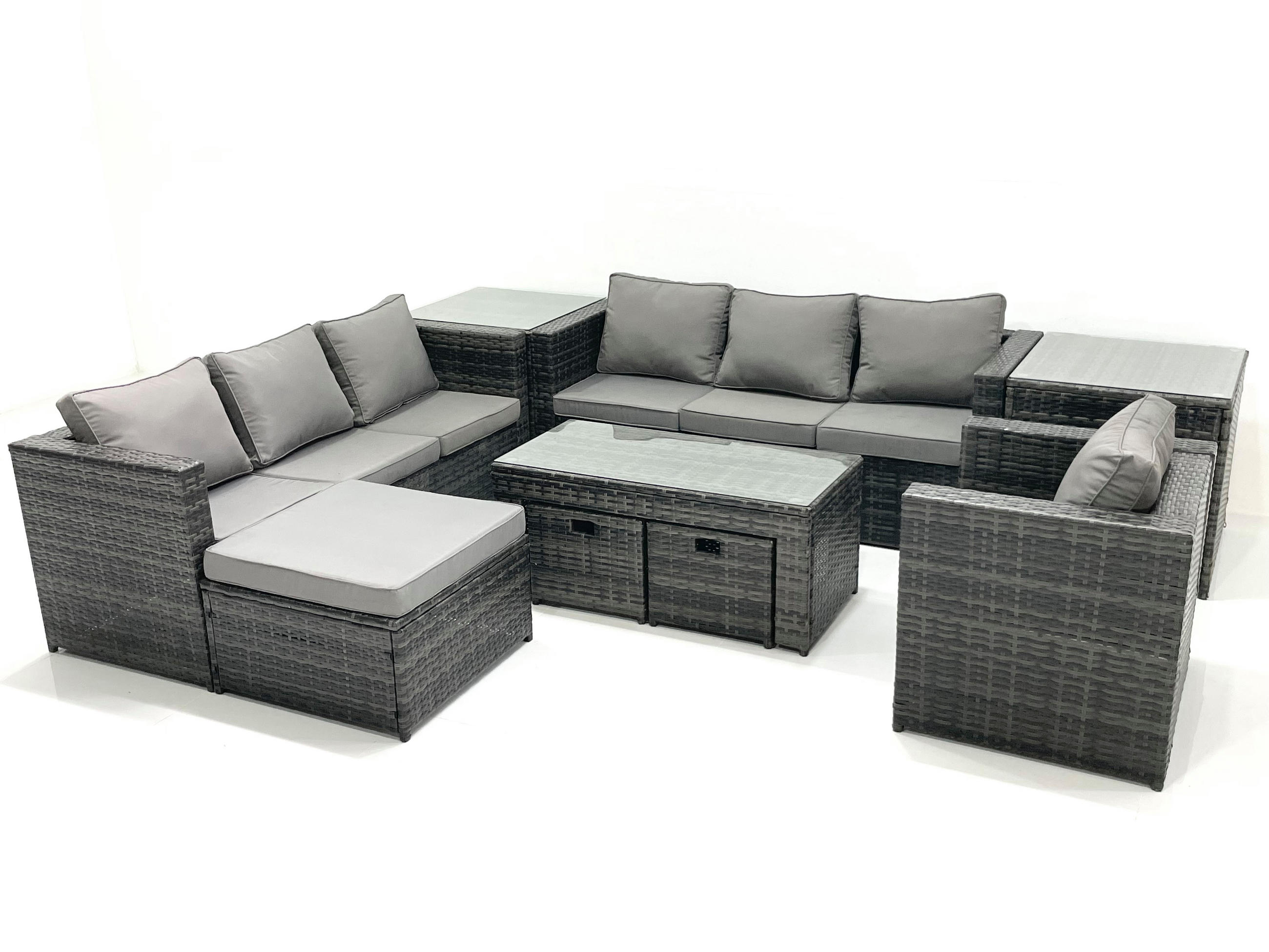 GARTENMÖBEL-SET COUCHTISCH SESSEL SOFA mit HOCKER Polyrattan Dunkelgrau Gemischt 10-Sitzer - Dunkelgrau/Grau, Glas/Kunststoff - Fimous